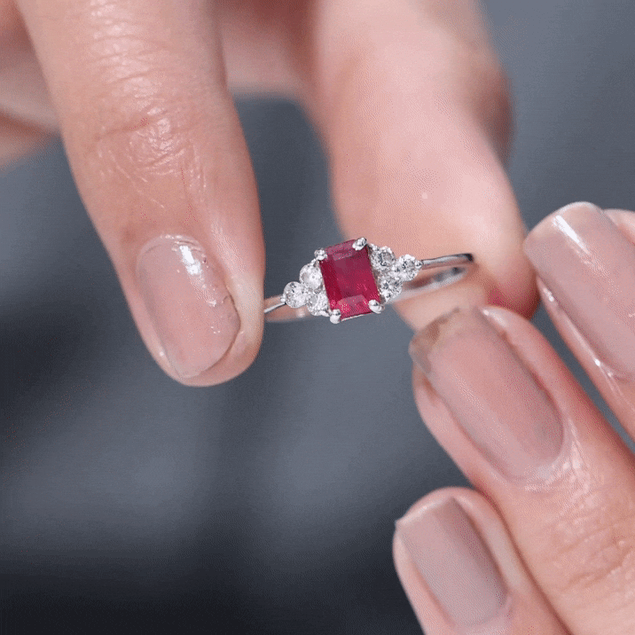 Emerald Cut Ruby Solitaire Ring with Diamond Trio Ruby - ( AAA ) - Quality - Rosec Jewels