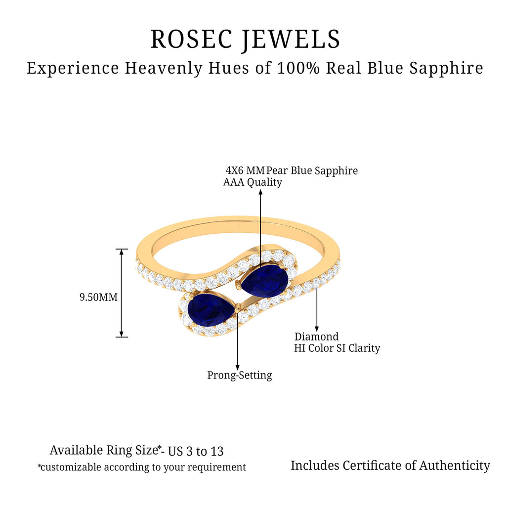 1.50 CT Two Stone Blue Sapphire Bypass Engagement Ring with Diamond Blue Sapphire - ( AAA ) - Quality - Rosec Jewels