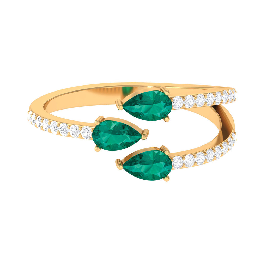 Pear Shape Natural Emerald 3 Stone Wrap Ring with Diamond Emerald - ( AAA ) - Quality - Rosec Jewels