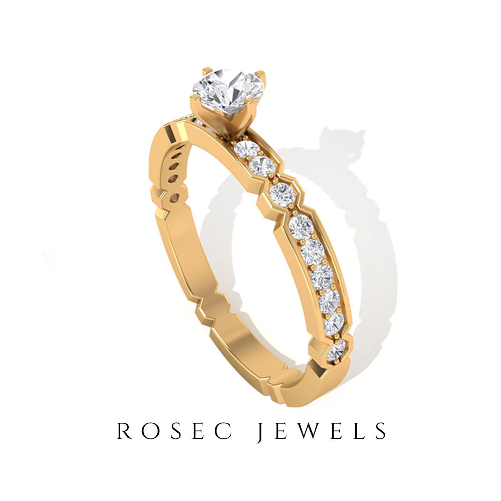 Shimmery Diamond Solitaire Engagement Ring with Side Stone Natural - ( HI-SI ) - Rosec Jewels