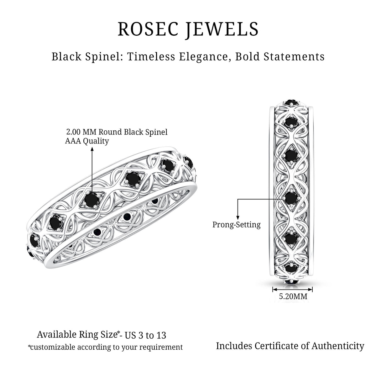 Vintage Inspired Black Spinel Celtic Knot Eternity Band Ring AAA - Rosec Jewels
