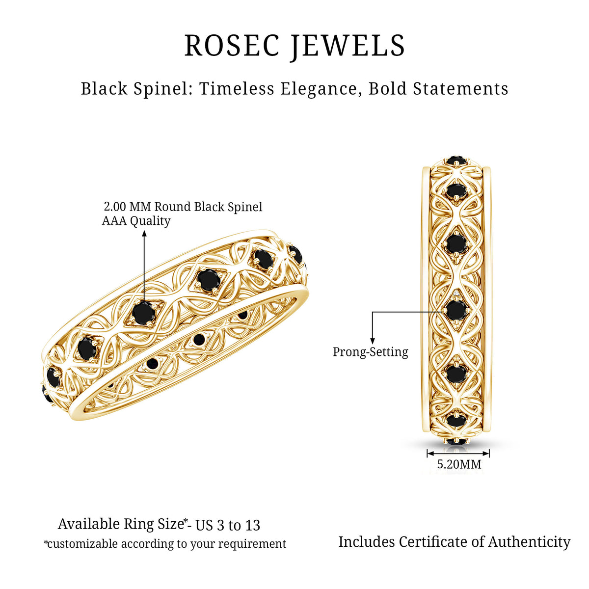 Vintage Inspired Black Spinel Celtic Knot Eternity Band Ring AAA - Rosec Jewels