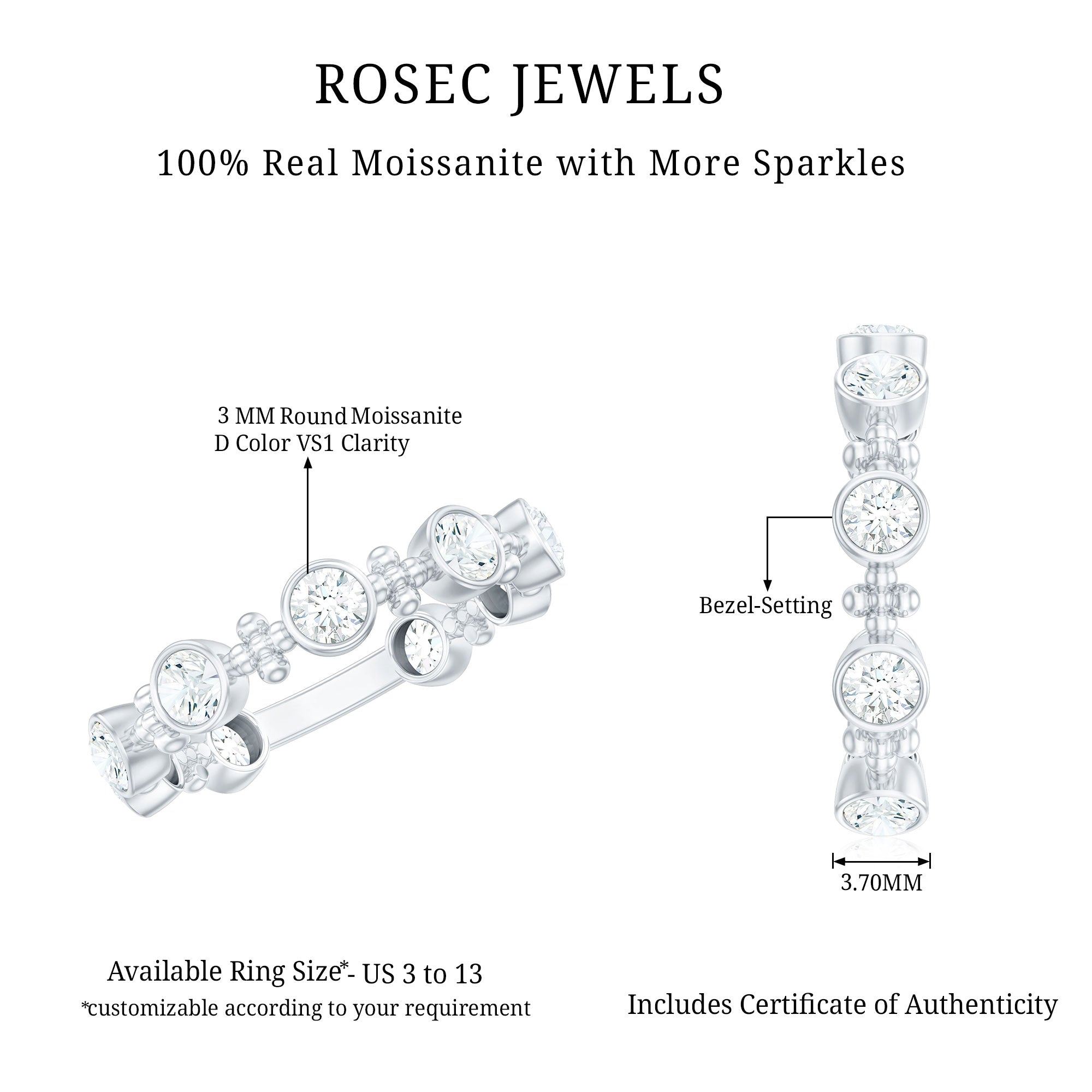 Certified Moissanite Stackable Wedding Band in Bezel Setting D-VS1 - Rosec Jewels