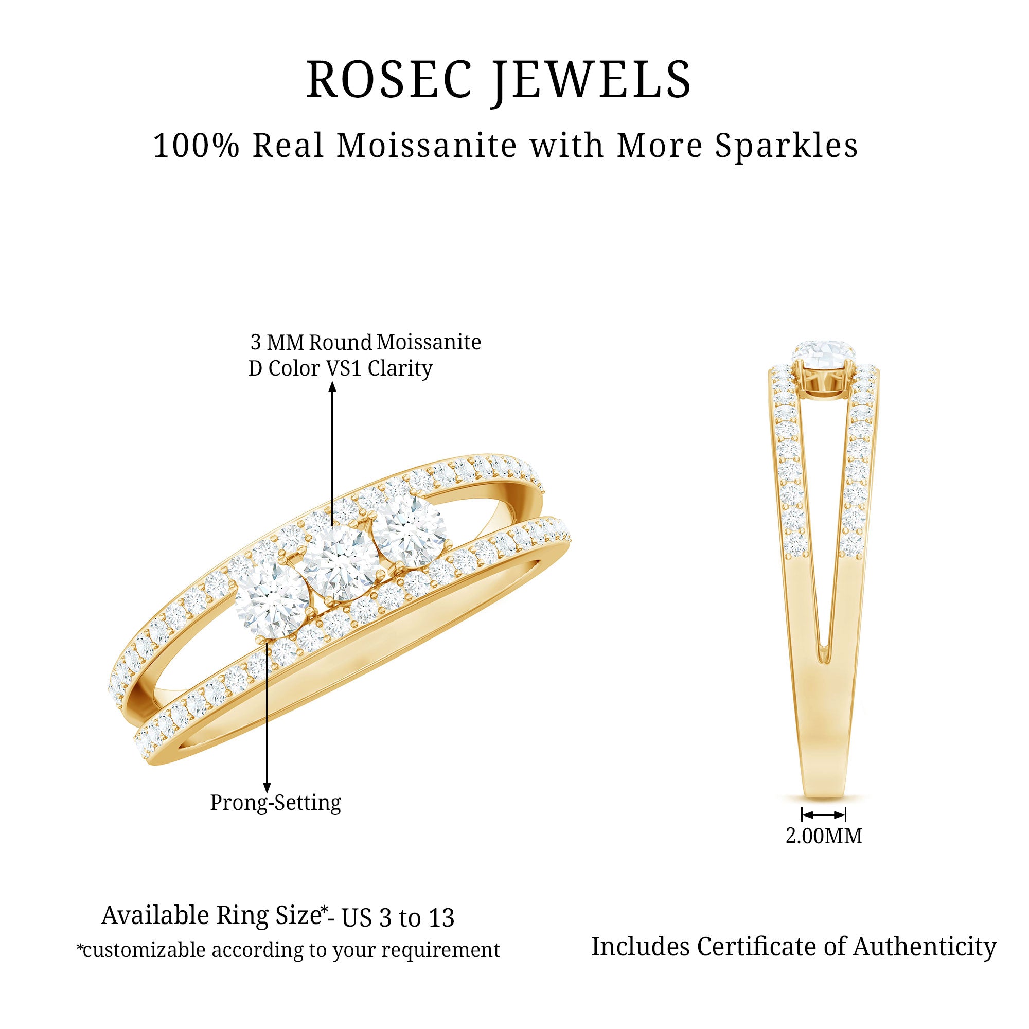 Certified Moissanite 3 Stone Anniversary Ring for Women D-VS1 - Rosec Jewels