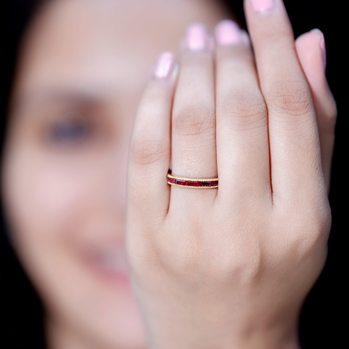 Minimalist Baguette Cut Lab Created Ruby Eternity Ring in Channel Setting AAAA - Rosec Jewels