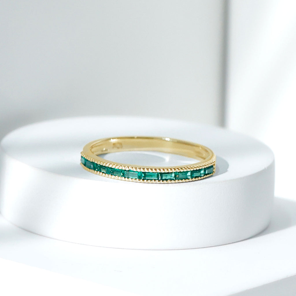 3/4 CT Baguette Cut Created Emerald Band Milgrain Ring Lab Created Emerald - ( AAAA ) - Quality - Rosec Jewels
