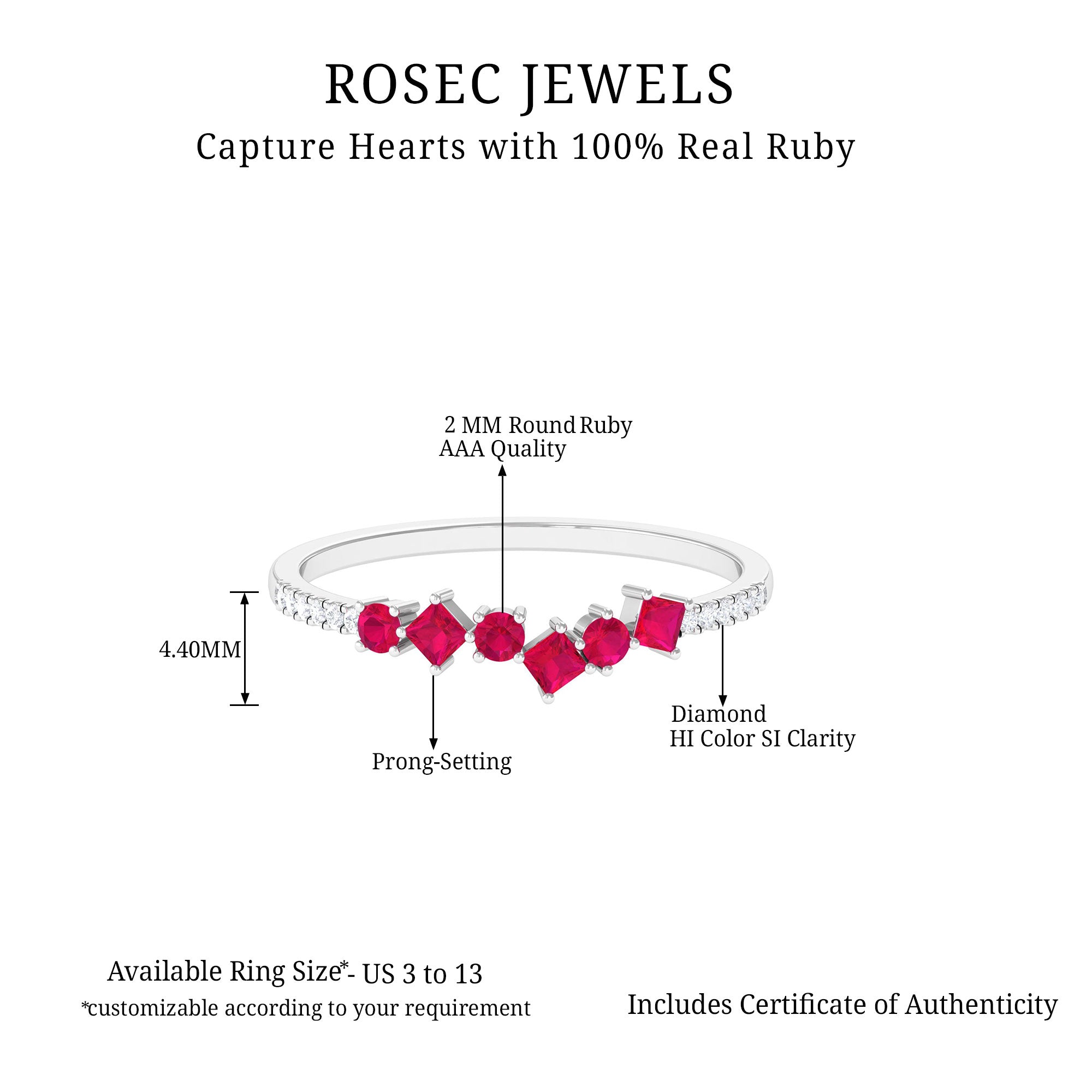 Real Ruby and Diamond Stackable Ring Ruby - ( AAA ) - Quality - Rosec Jewels