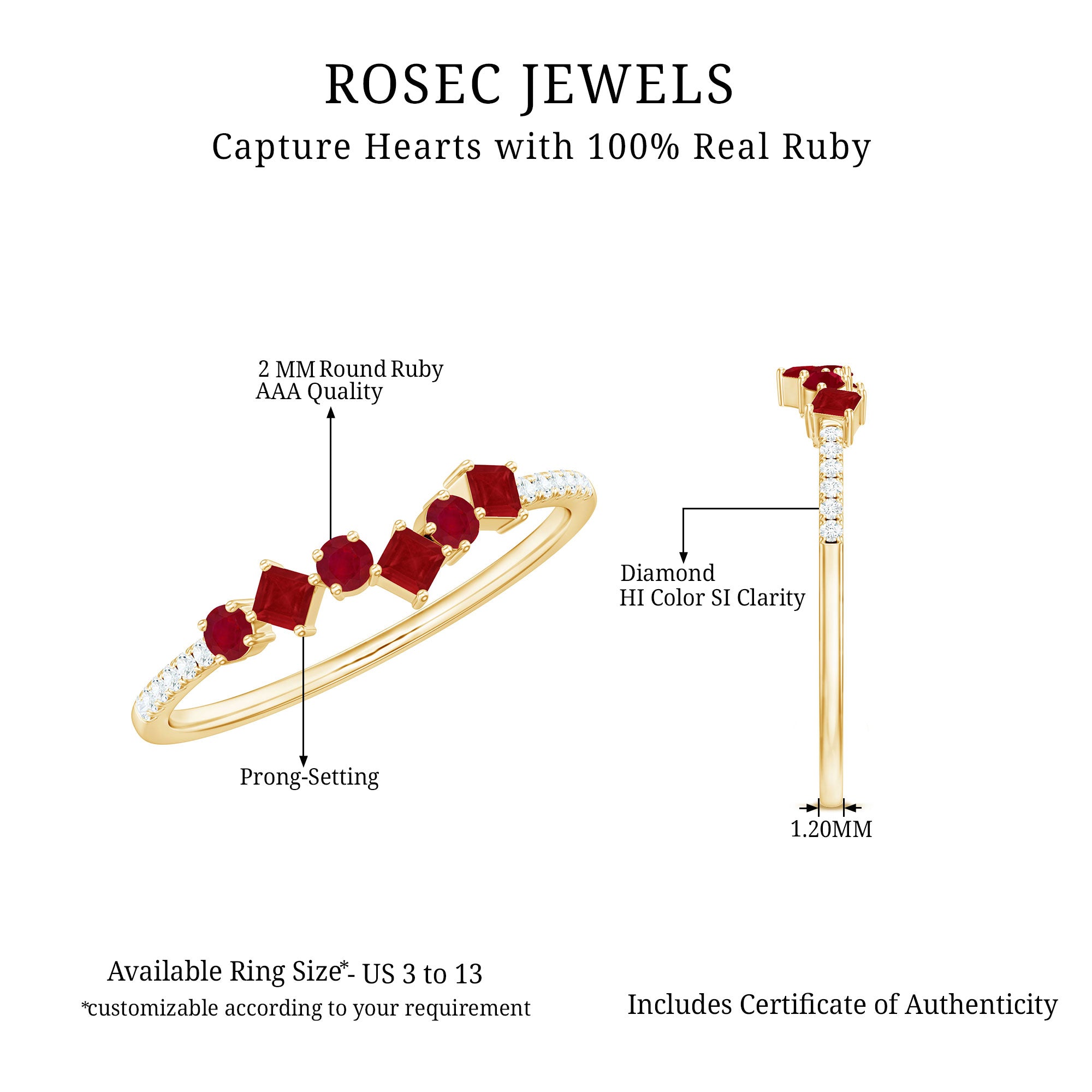 Rosec Jewels-Minimal Ruby Half Eternity Ring with Diamond