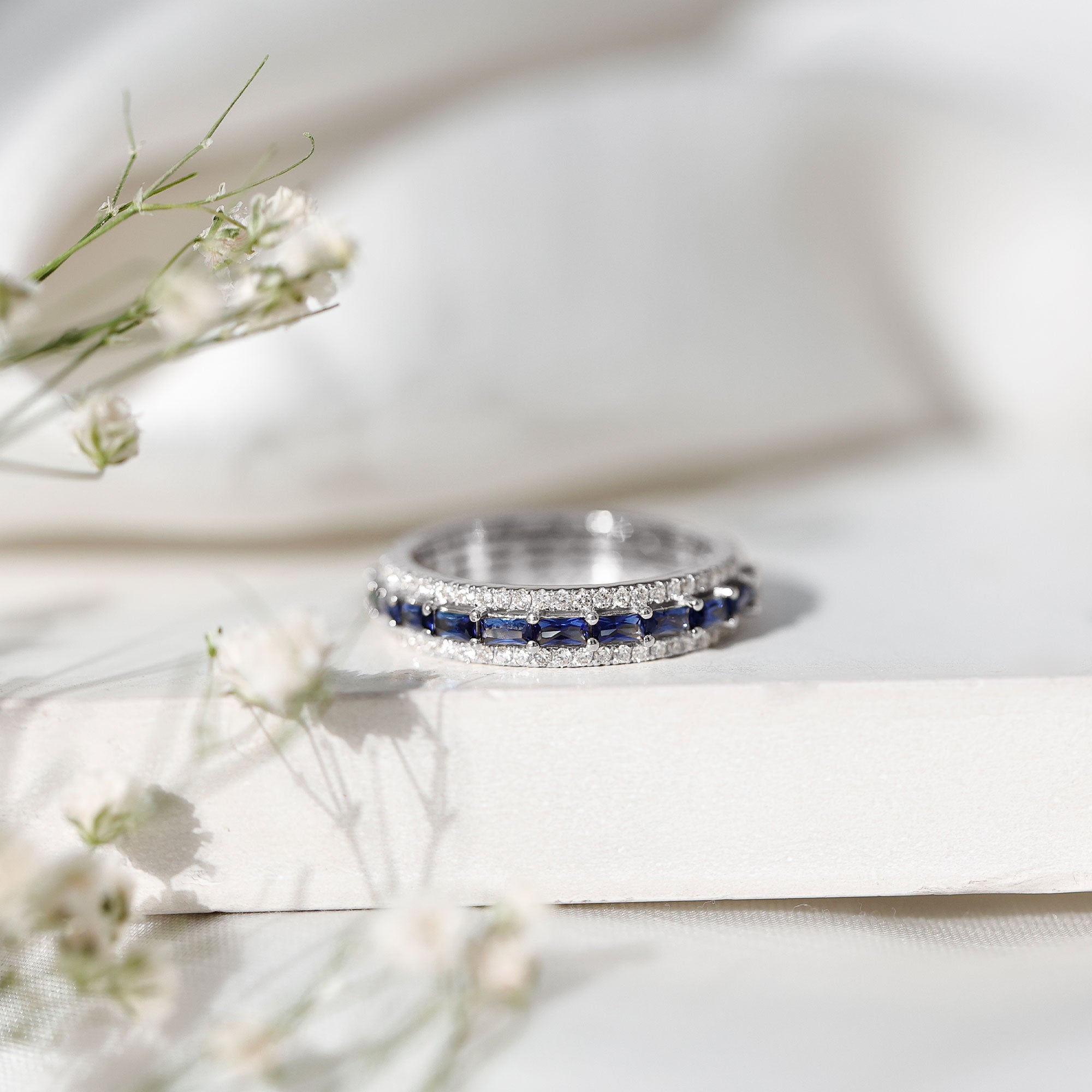 Solid 925 Sterling Silver Eternity Ring – Blue & White Sapphire, 0.42ctw, Stackable, Handmade UK