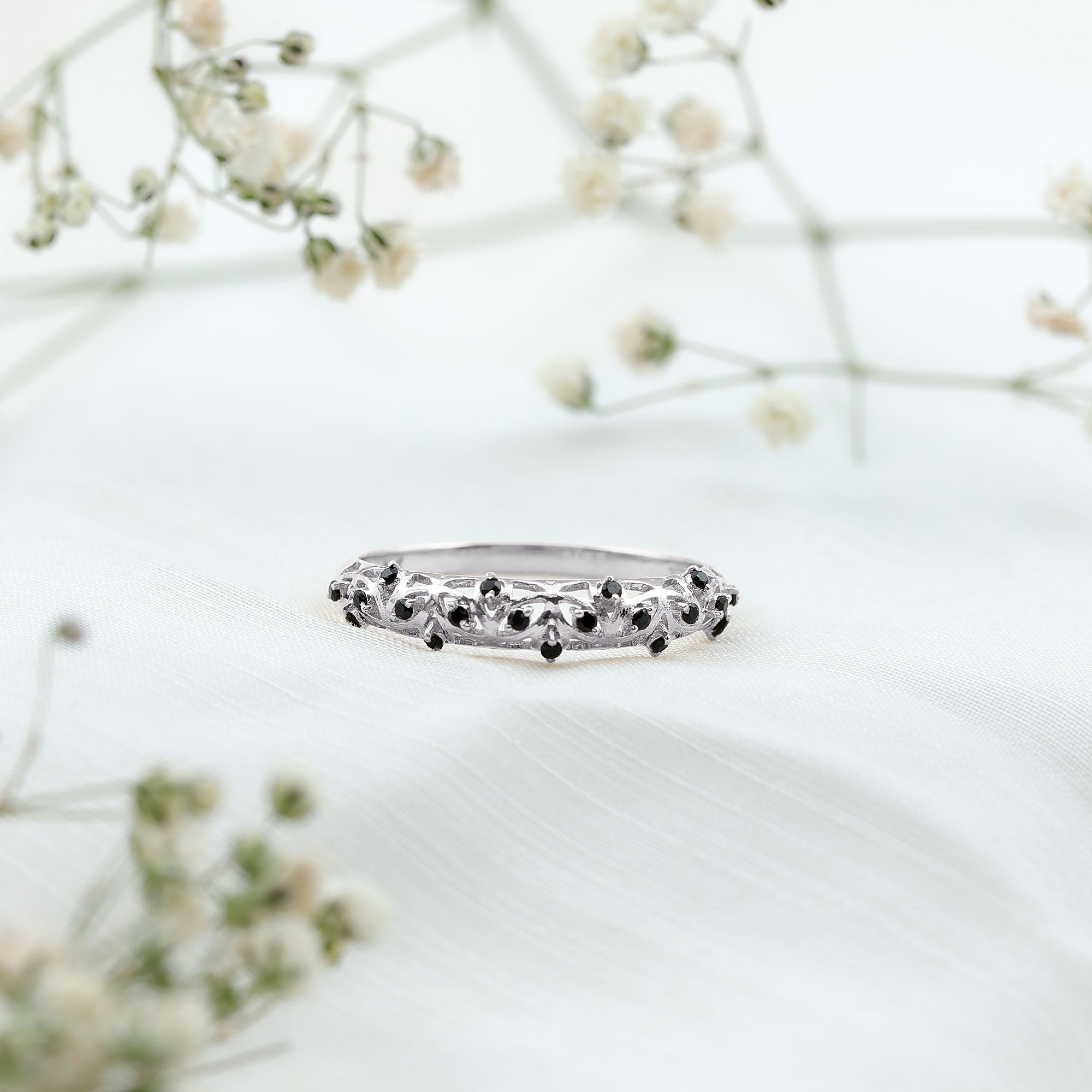 Rosec Jewels-Round Cut Certified Black Onyx Filigree Wedding Band