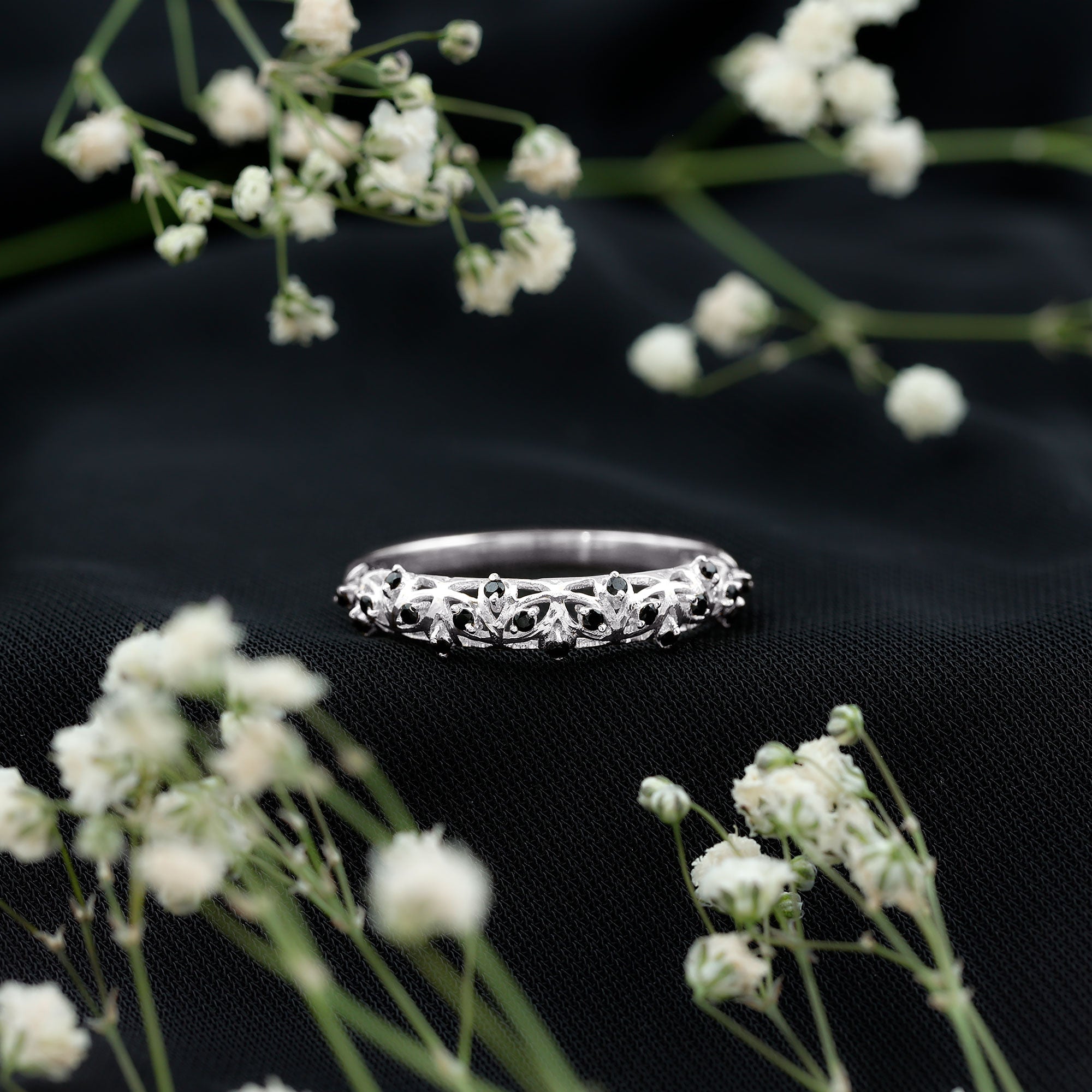 Rosec Jewels-Round Cut Certified Black Onyx Filigree Wedding Band