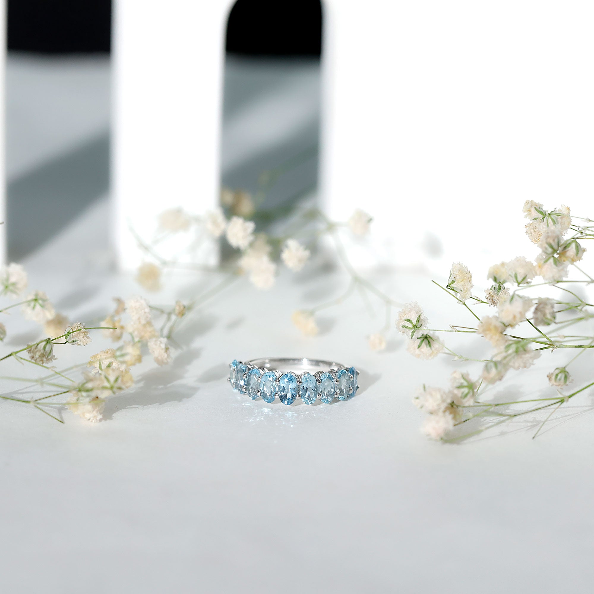 Rosec Jewels-Genuine Oval Cut Aquamarine Half Eternity Ring for Women