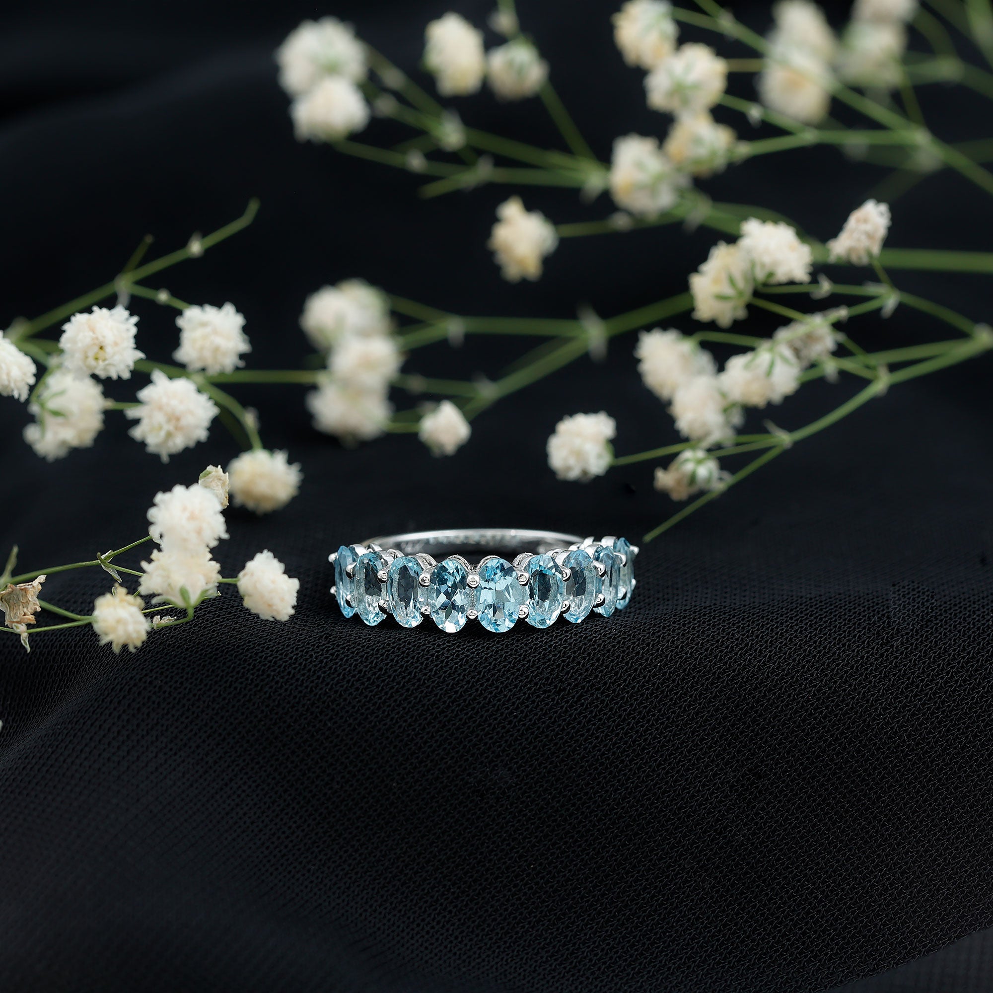 Rosec Jewels-Genuine Oval Cut Aquamarine Half Eternity Ring for Women