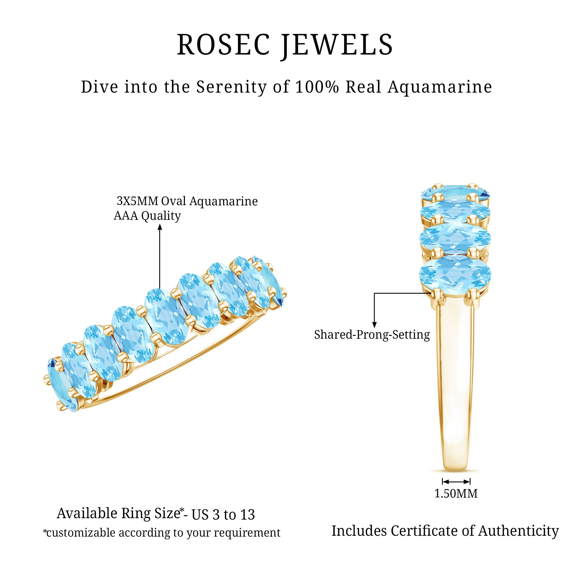 Rosec Jewels-Genuine Oval Cut Aquamarine Half Eternity Ring for Women