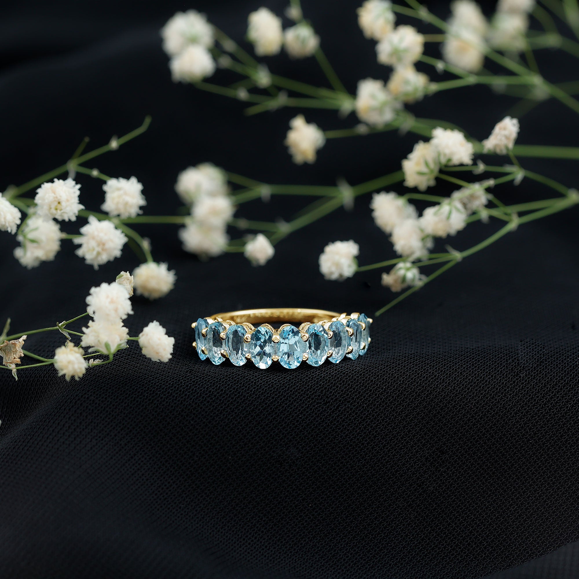 Rosec Jewels-Genuine Oval Cut Aquamarine Half Eternity Ring for Women