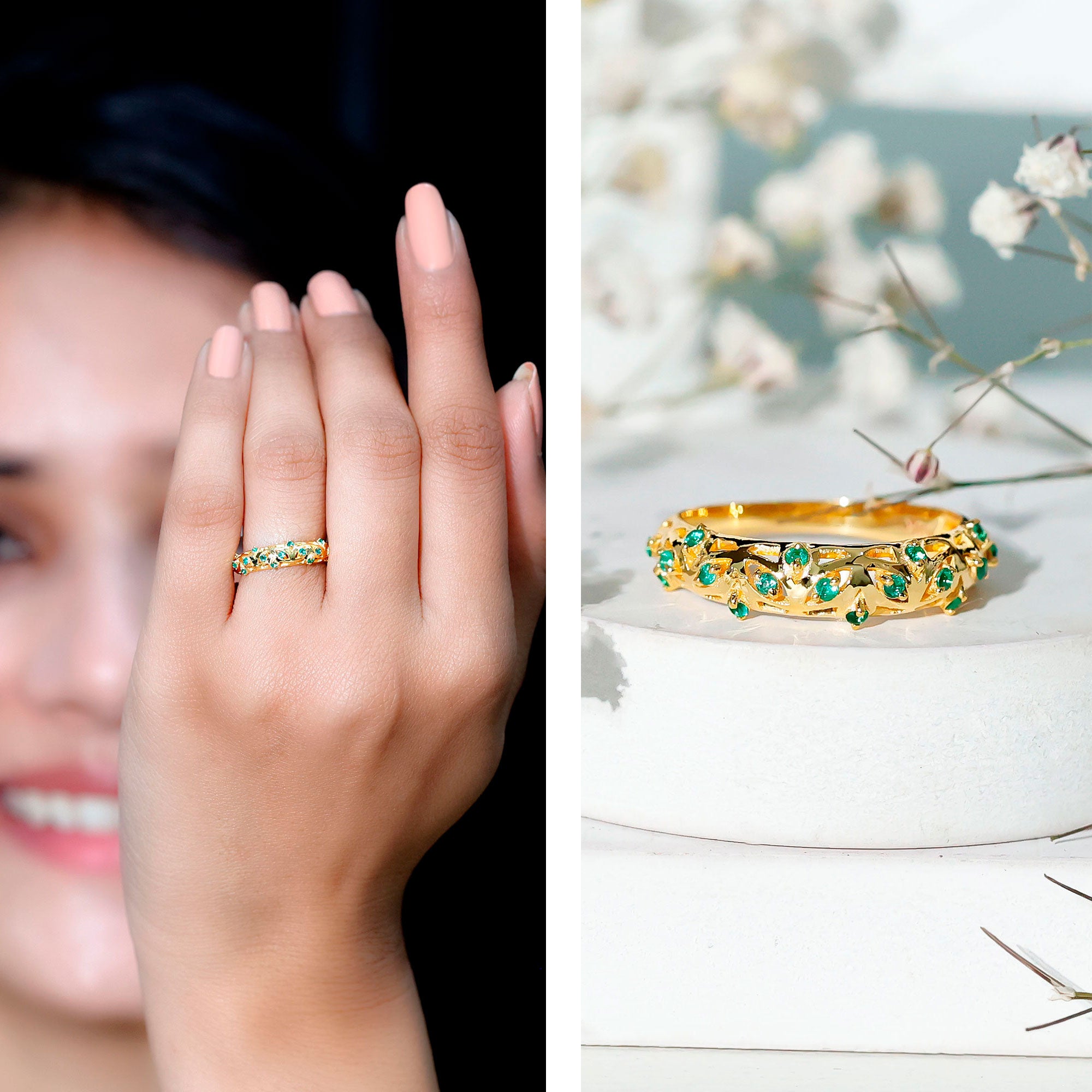 Rosec Jewels-Natural Emerald Filigree Wedding Band for Women