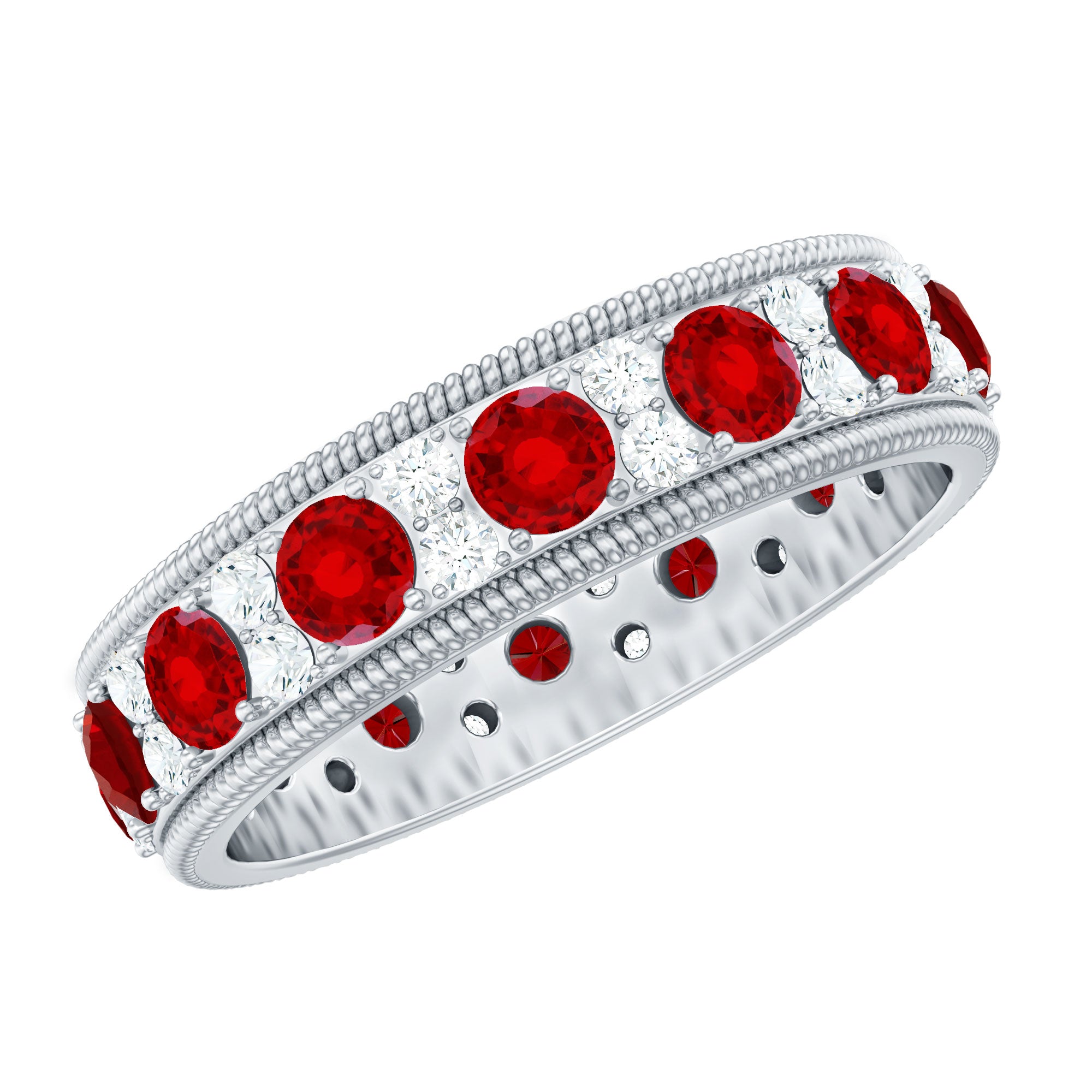 Rosec Jewels-Round Cut Lab Created Ruby and Diamond Wedding Band