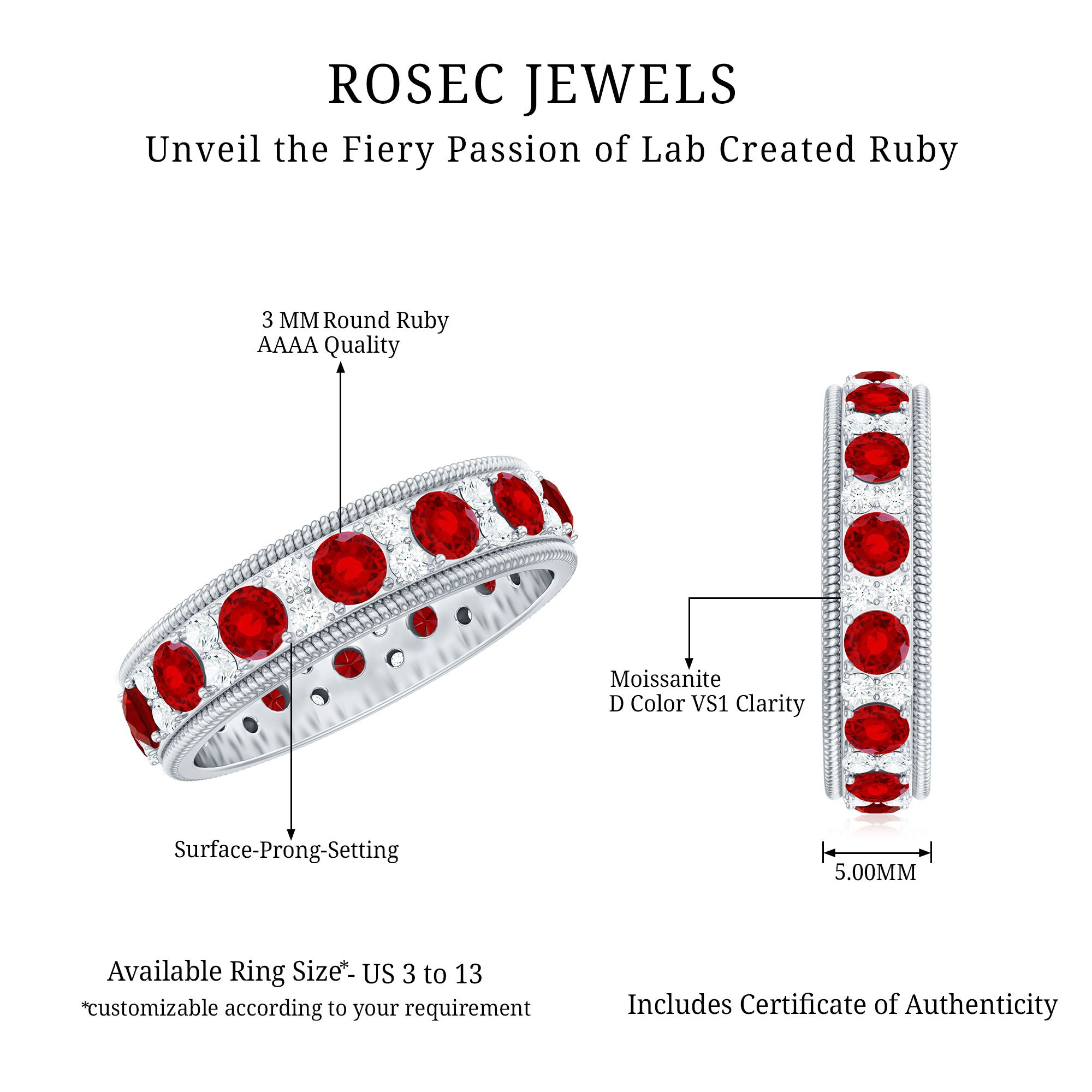 Rosec Jewels-Round Cut Lab Created Ruby and Diamond Wedding Band