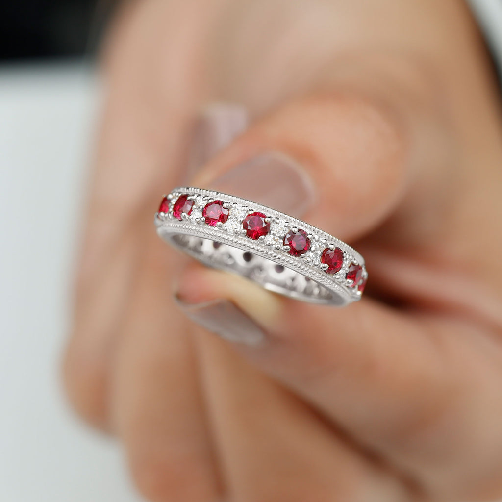 Round Cut Created Ruby and Moissanite Wedding Band with Twisted Rope Details Lab Created Ruby - ( AAAA ) - Quality - Rosec Jewels