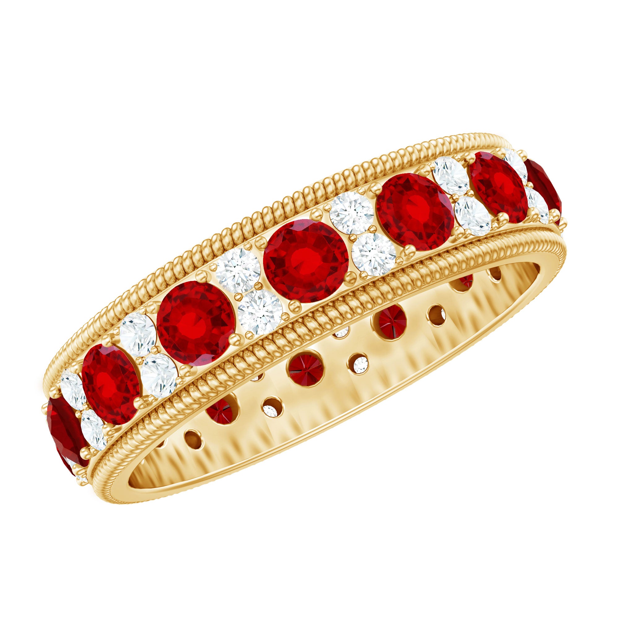 Round Cut Lab Created Ruby and Diamond Wedding Band AAAA - Rosec Jewels