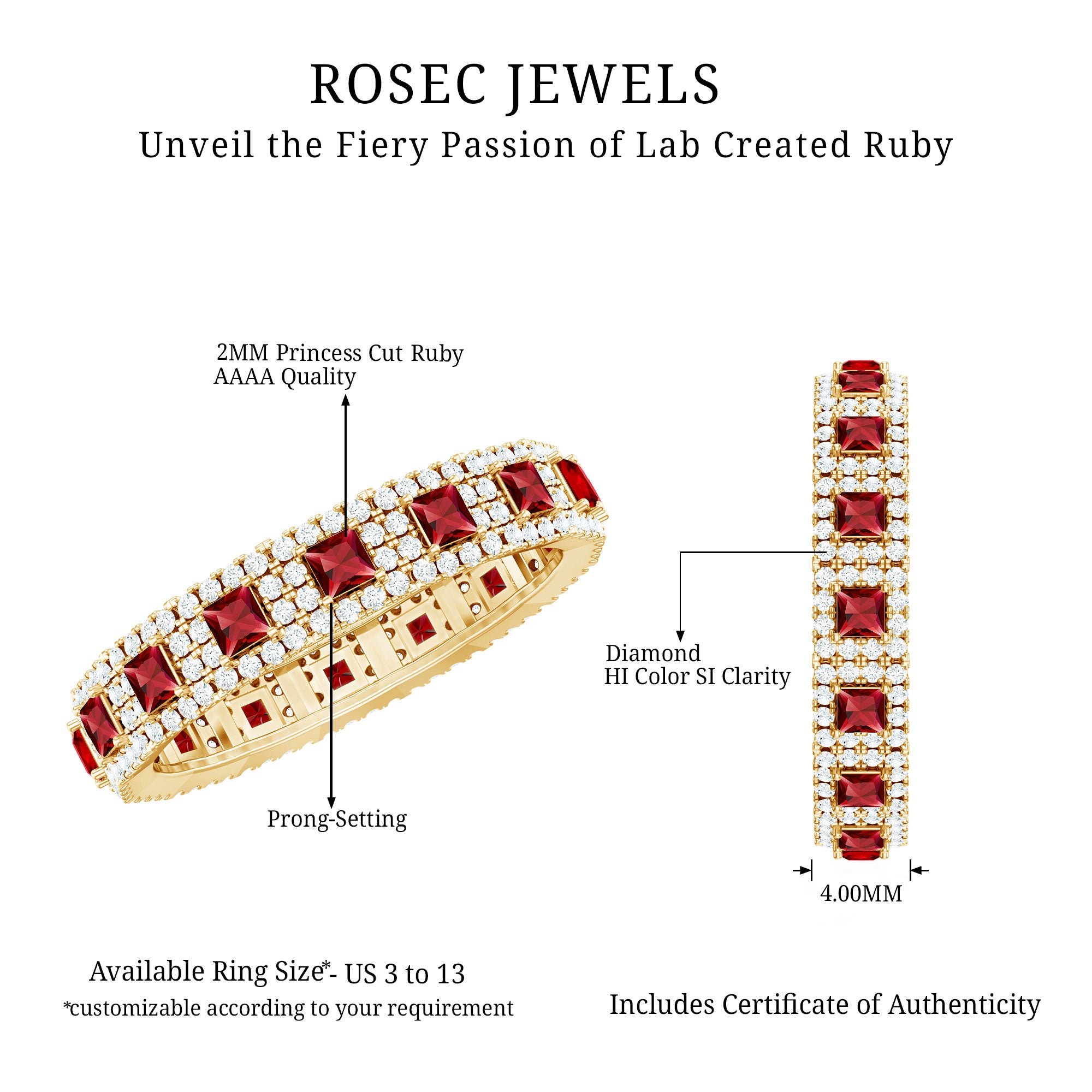 1.75 CT Princess Cut Created Ruby Wedding Band Ring with Diamond Accent AAAA - Rosec Jewels