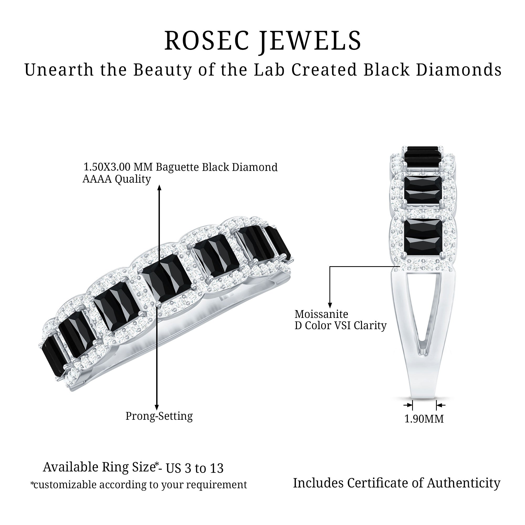 Rosec Jewels-Baguette Cut Lab Grown Black and White Diamond Half Eternity Band