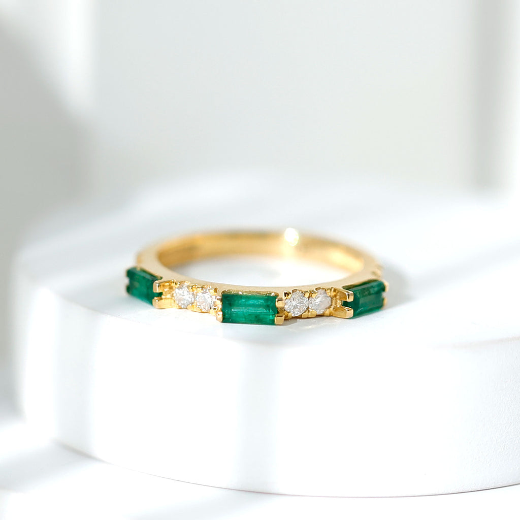 Stackable Green Emerald and Diamond Ring in Prong Setting Emerald - ( AAA ) - Quality - Rosec Jewels