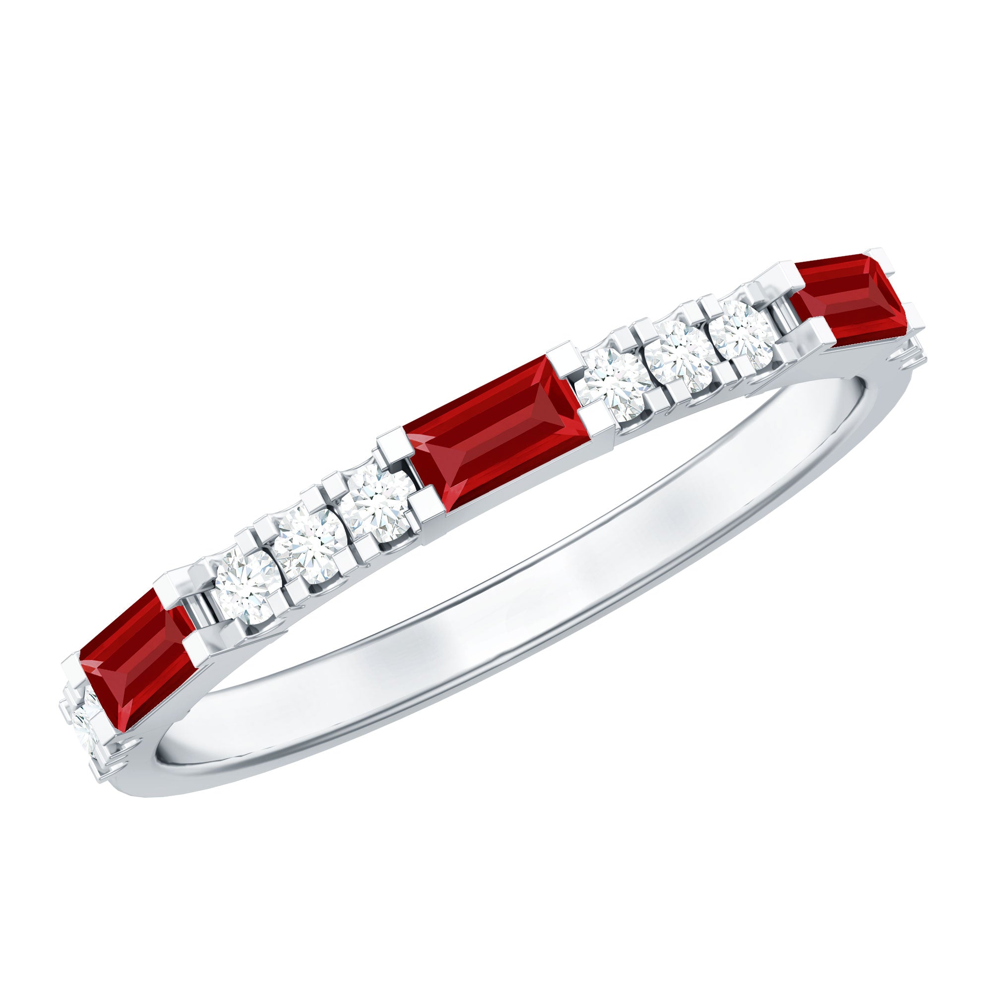 Rosec Jewels-3/4 CT Baguette Cut Lab Grown Ruby Stackable Ring with Diamond