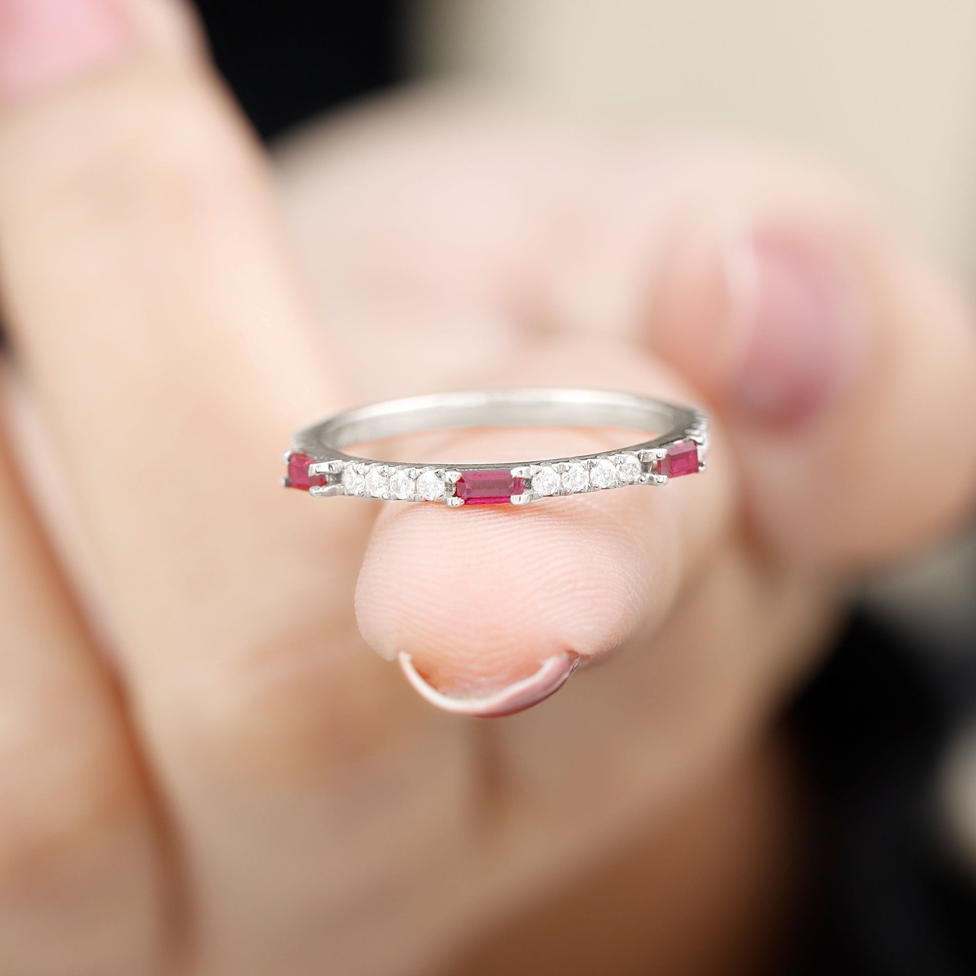 3/4 CT Baguette Cut Lab Grown Ruby Stackable Ring with Diamond Lab Created Ruby - ( AAAA ) - Quality - Rosec Jewels