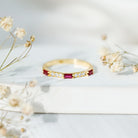 Rosec Jewels-3/4 CT Baguette Cut Lab Grown Ruby Stackable Ring with Diamond