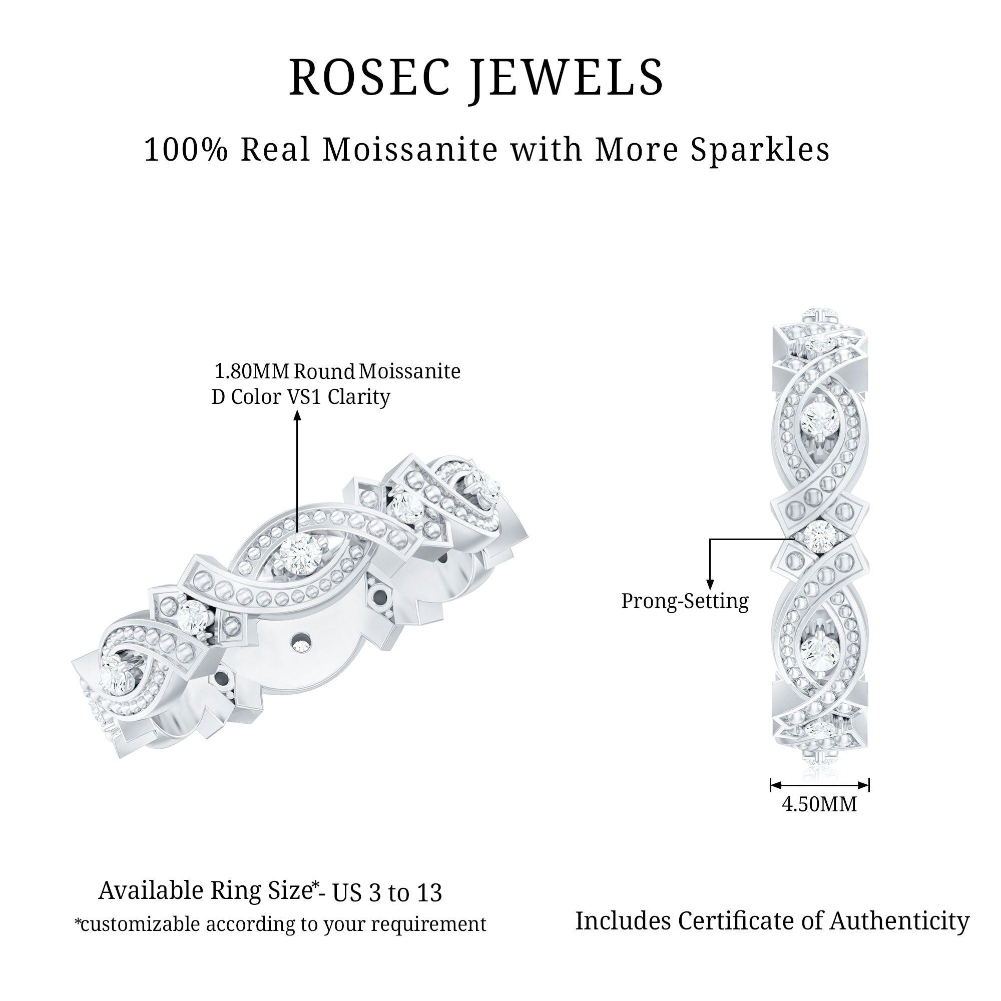 Rosec Jewels-Vintage Inspired Moissanite Beaded Wedding Band