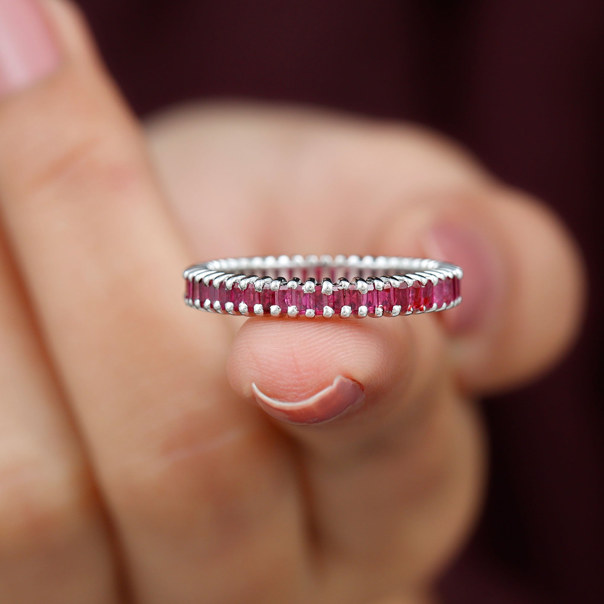Baguette Cut Ruby Eternity Ring in Shared Prong Setting Ruby - ( AAA ) - Quality - Rosec Jewels