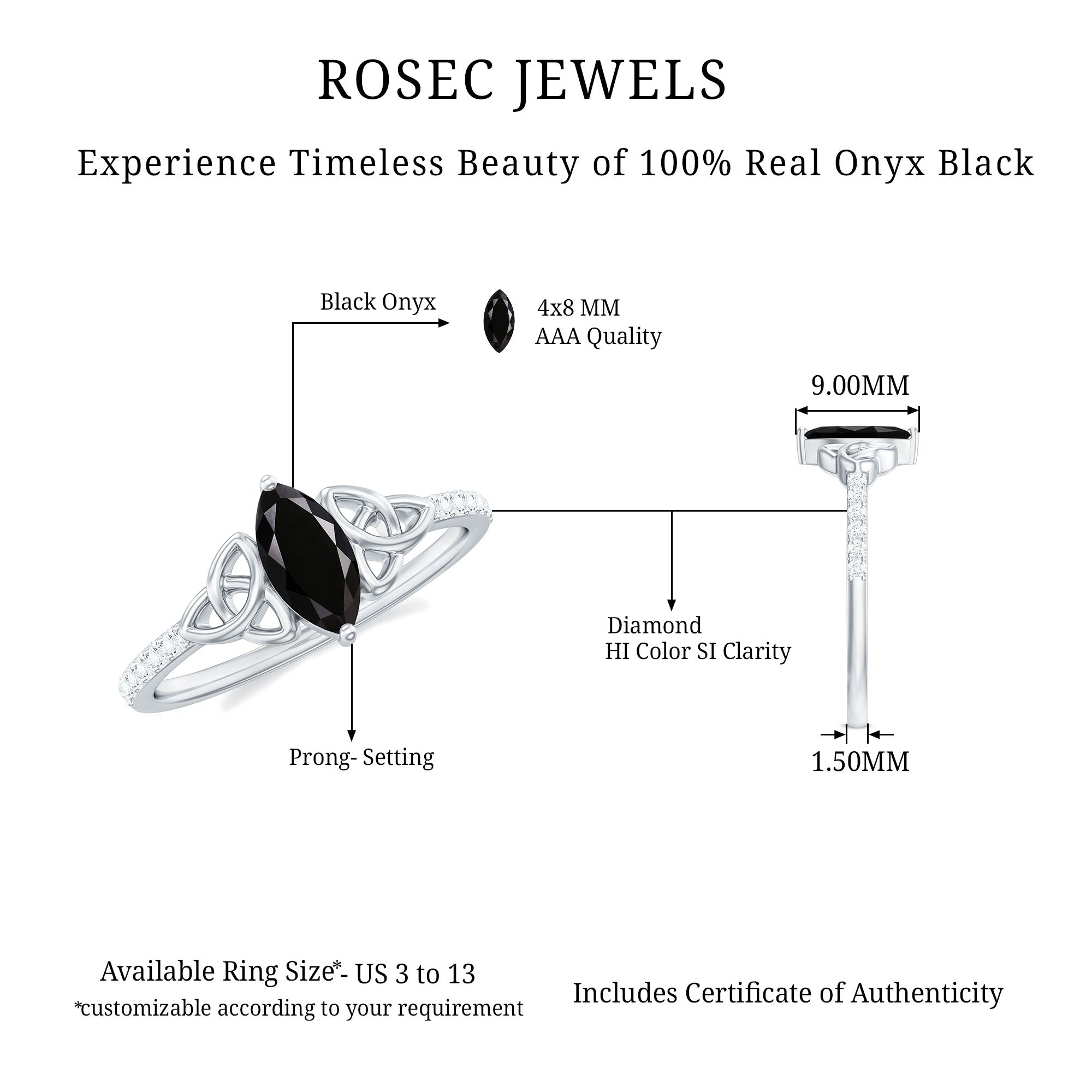 Rosec Jewels-Genuine Black Onyx and Diamond Celtic Design Engagement Ring