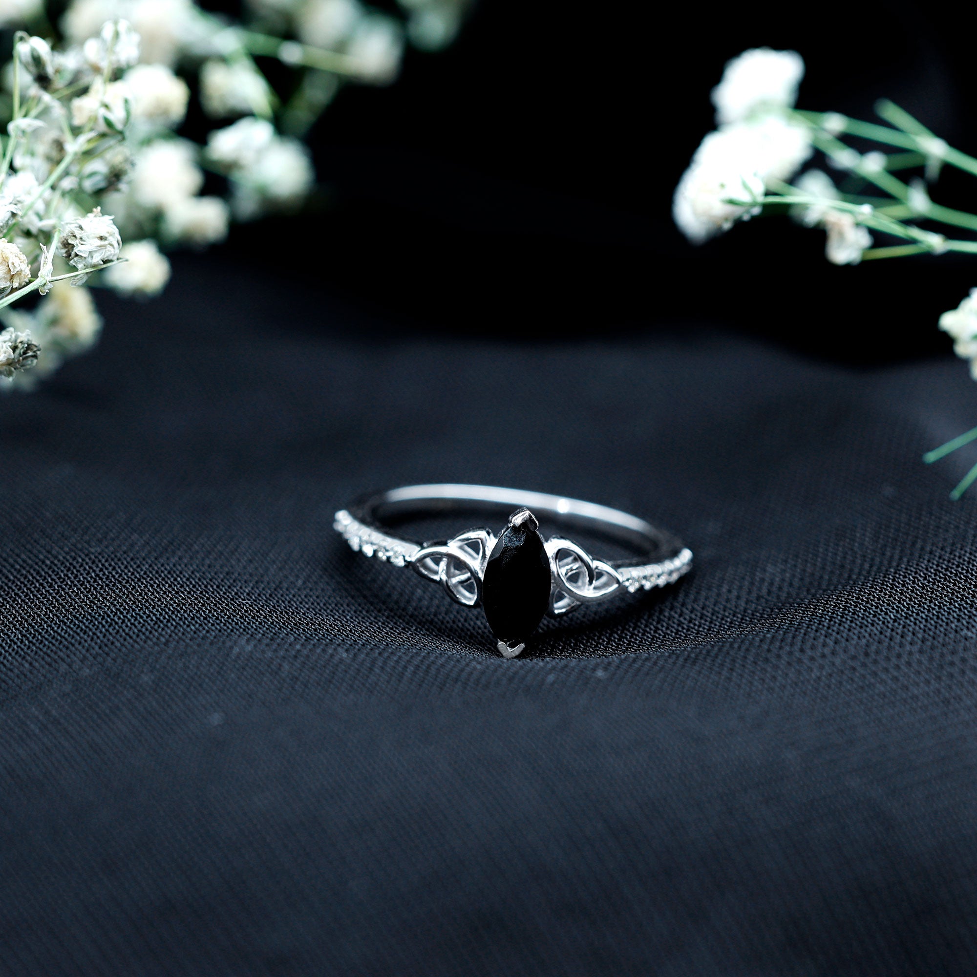 Rosec Jewels-Genuine Black Onyx and Diamond Celtic Design Engagement Ring