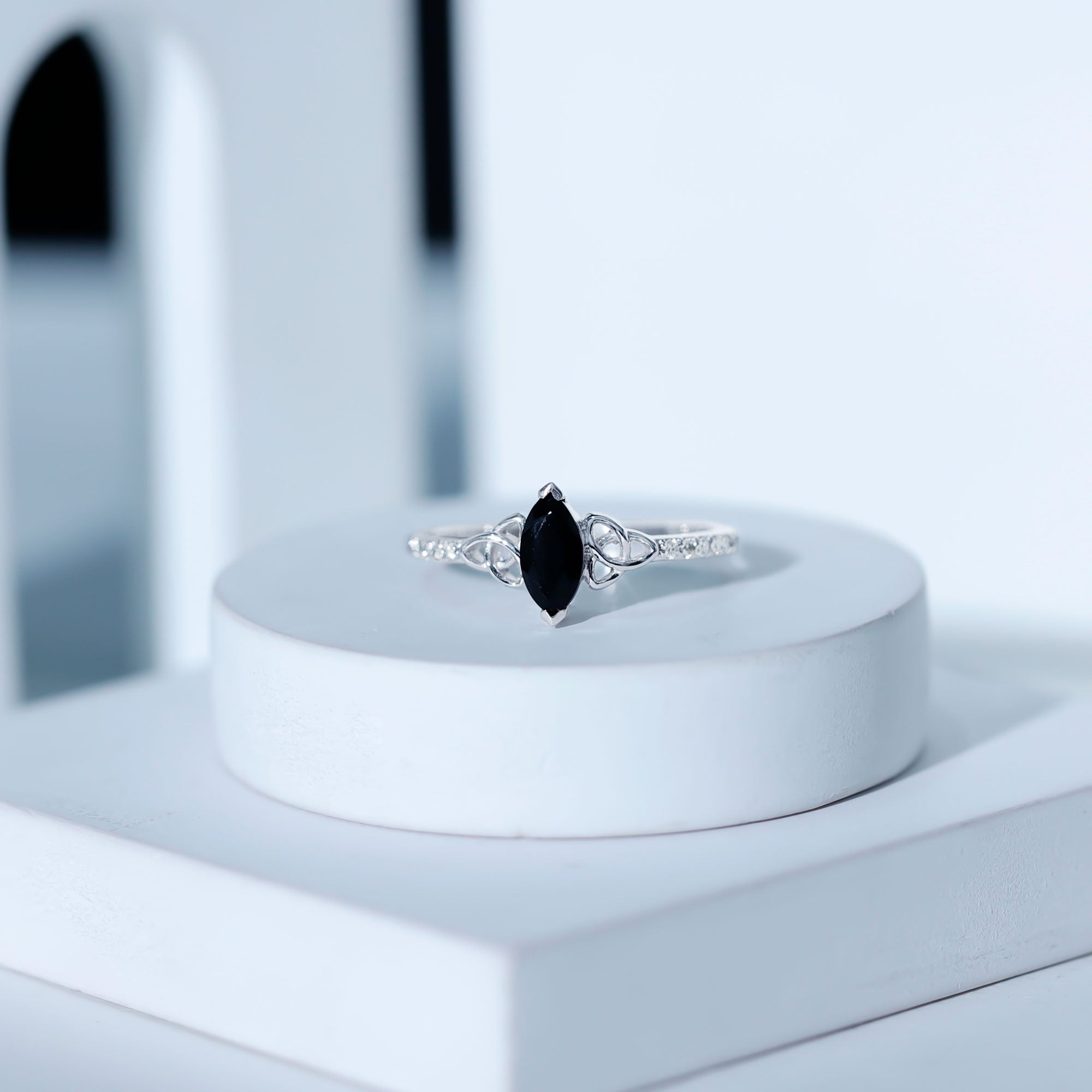 Rosec Jewels-Genuine Black Onyx and Diamond Celtic Design Engagement Ring