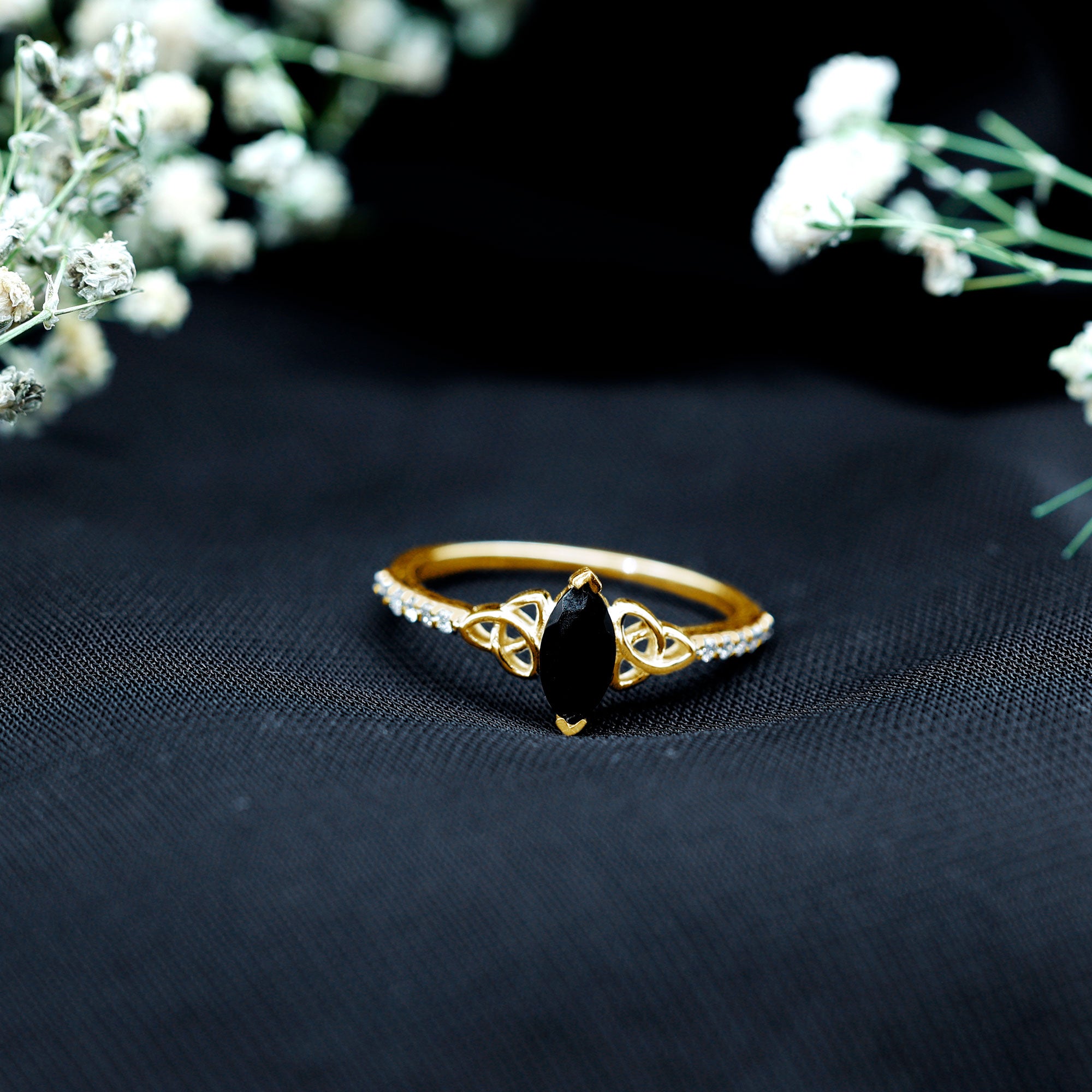 Rosec Jewels-Genuine Black Onyx and Diamond Celtic Design Engagement Ring