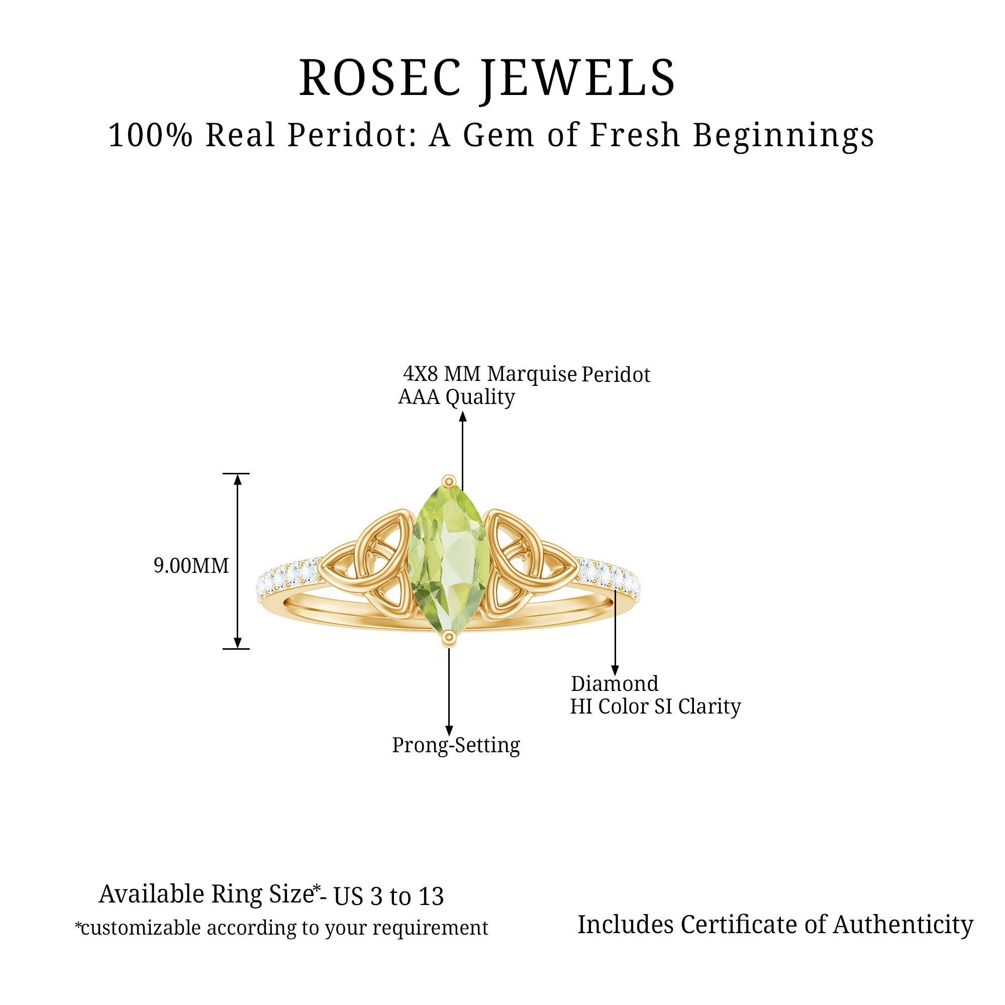 Rosec Jewels-Natural 0.7 Carat Peridot Diamond Marquise Engagement Ring with Celtic Knot