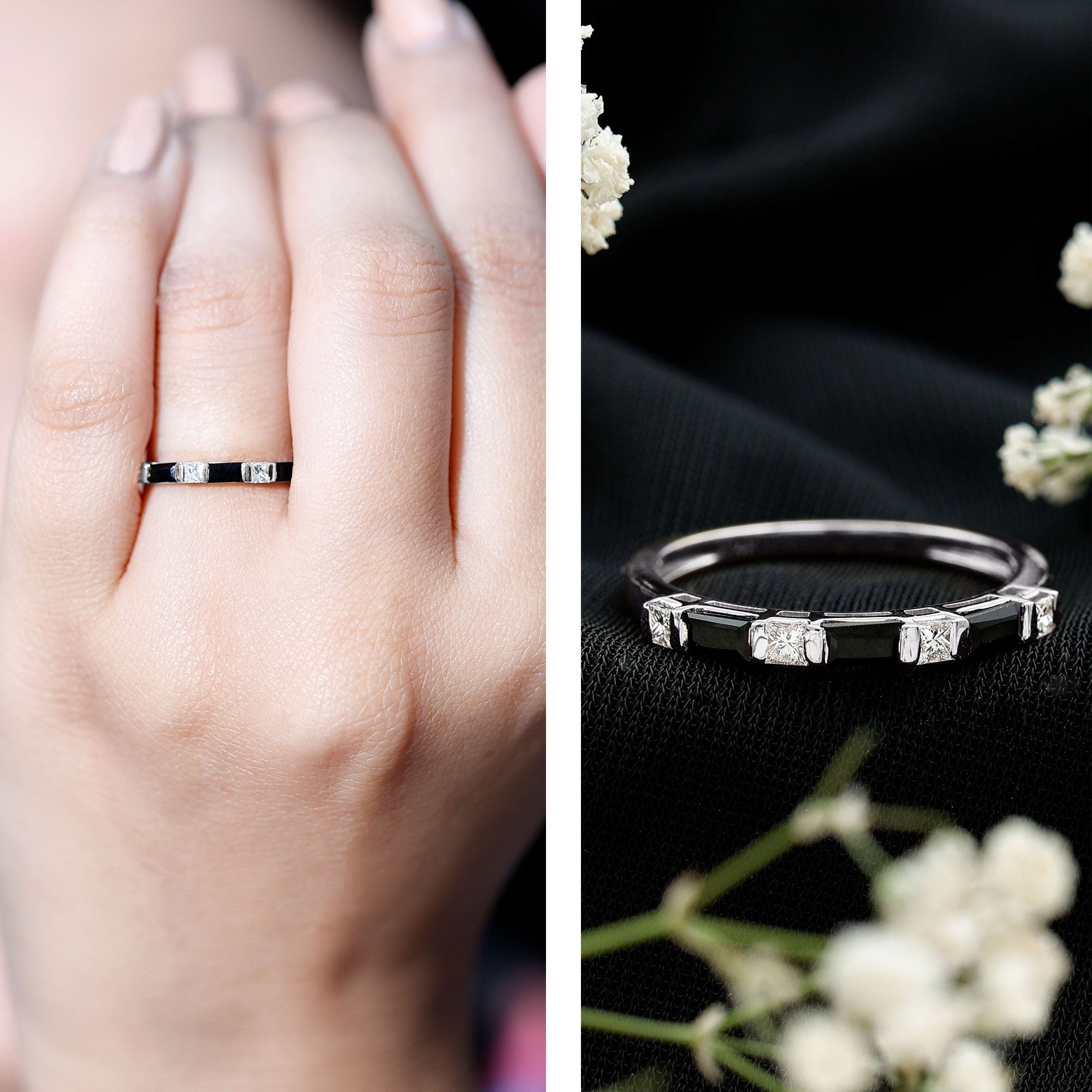 Bar Set Black Onyx and Diamond Half Eternity Wedding Band AAA - Rosec Jewels