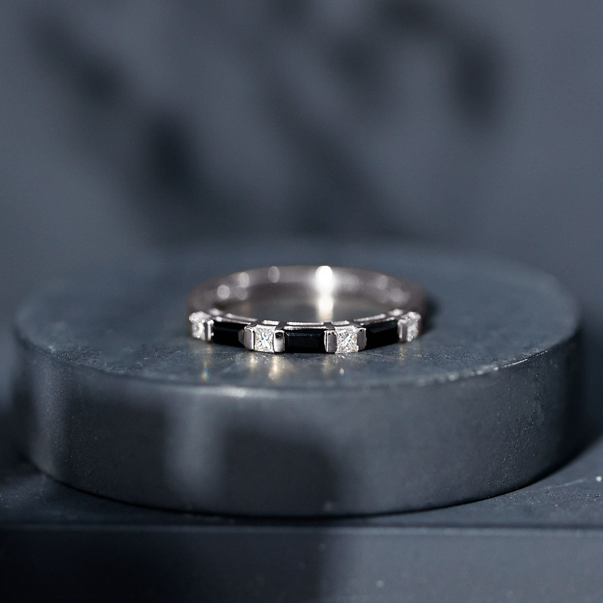 Bar Set Black Onyx and Diamond Half Eternity Wedding Band AAA - Rosec Jewels
