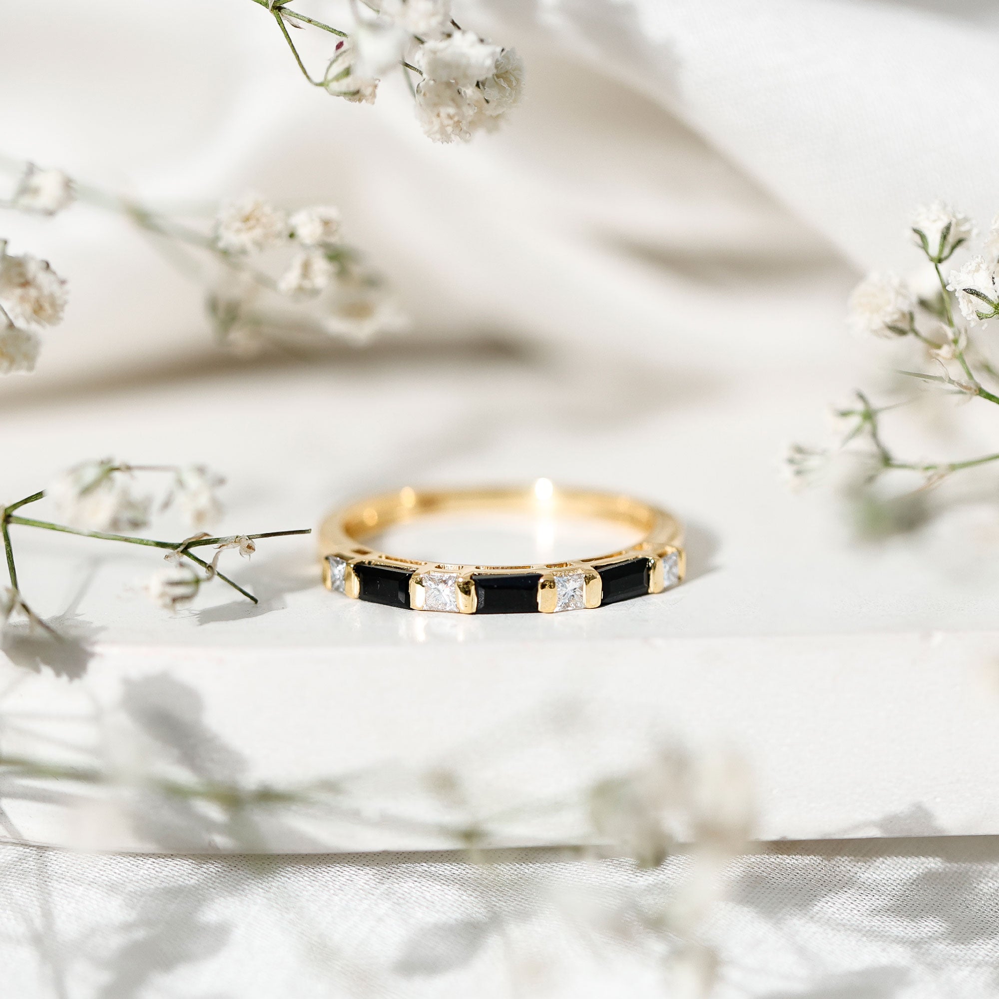 Bar Set Black Onyx and Diamond Half Eternity Wedding Band AAA - Rosec Jewels