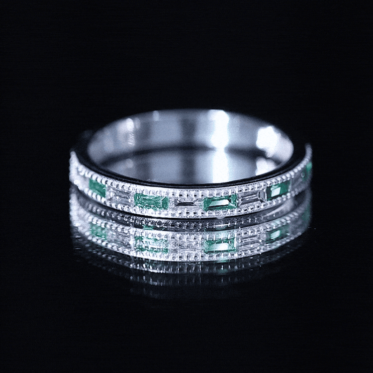 Baguette Cut Lab Grown Emerald and Diamond Band Ring AAAA - Rosec Jewels