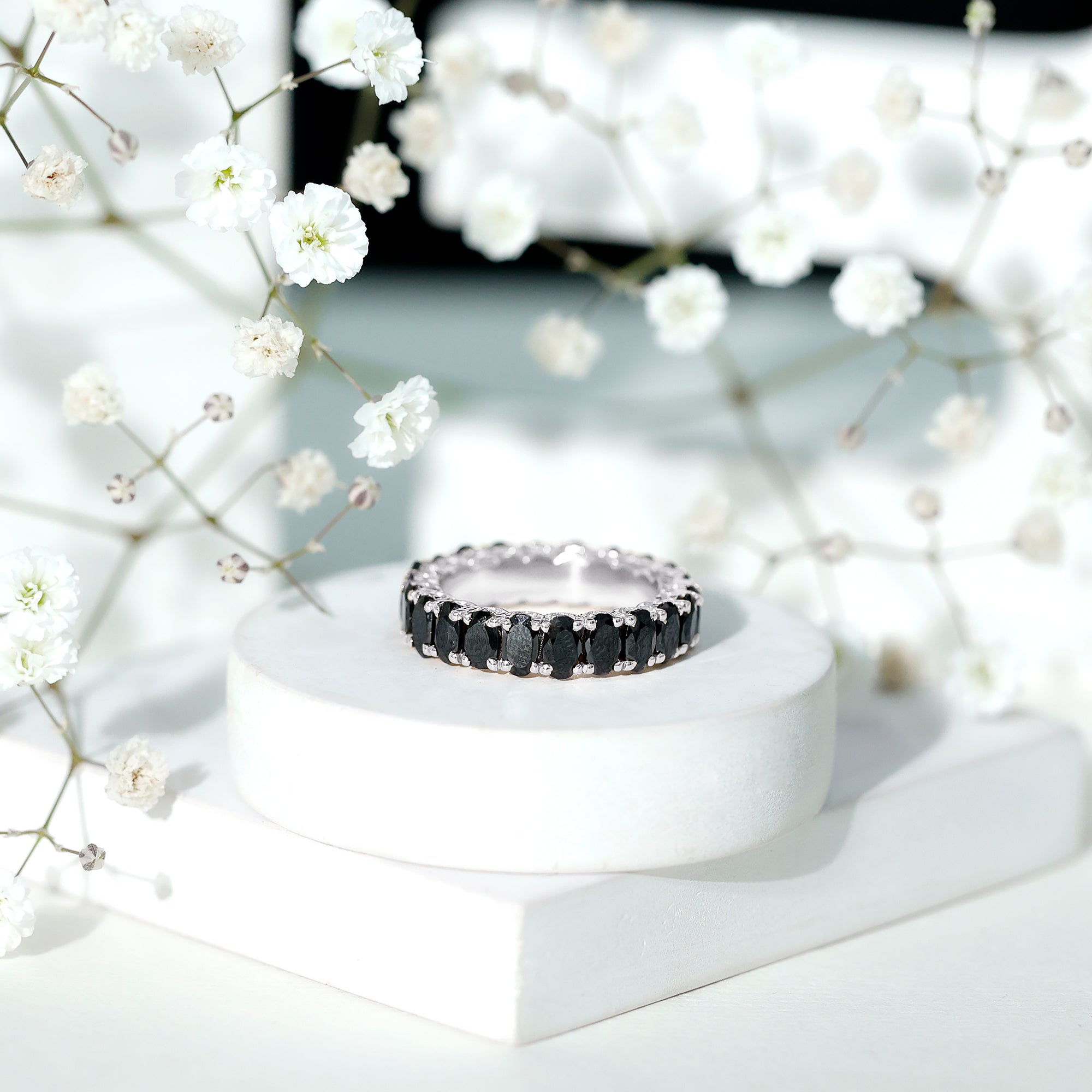 Rosec Jewels-Oval Shaped Black Onyx Wedding Band for Women