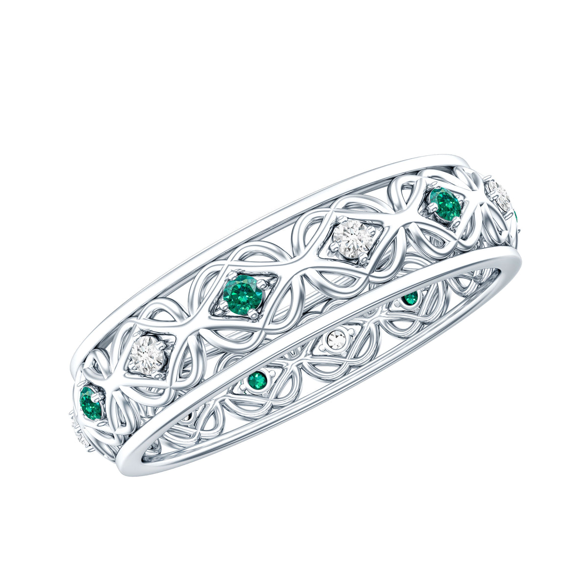 Lab Emerald and Diamond Vintage Wedding Band Ring AAAA - Rosec Jewels