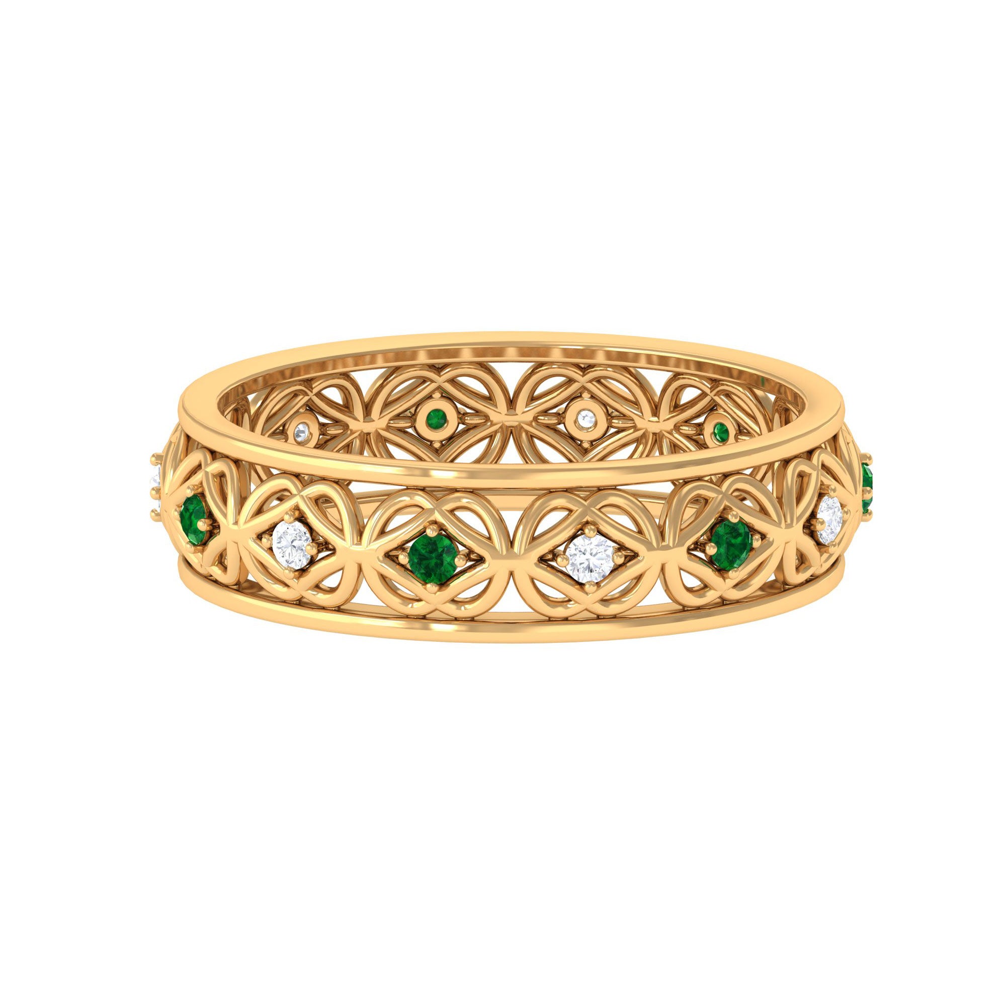 Created Emerald and Moissanite Celtic Band Ring - Rosec Jewels