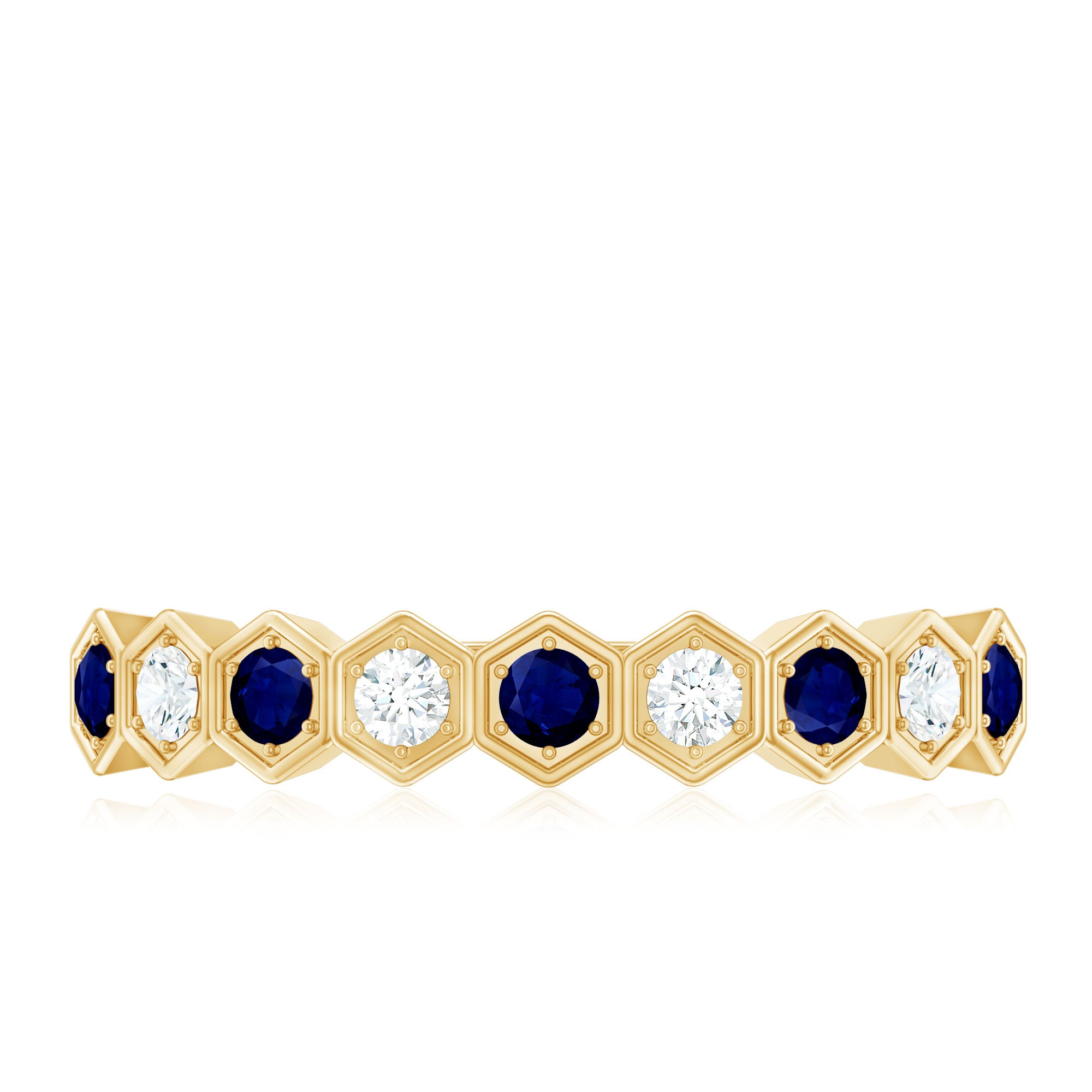Art Deco Inspired Blue Sapphire and Diamond Geometric Half Eternity Ring AAA - Rosec Jewels