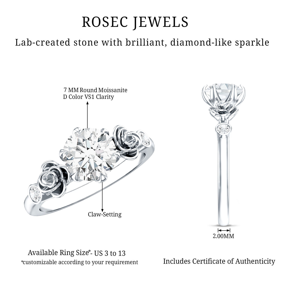 Brilliant Cut Moissanite Rose Engagement Ring For Women D-VS1 - Rosec Jewels