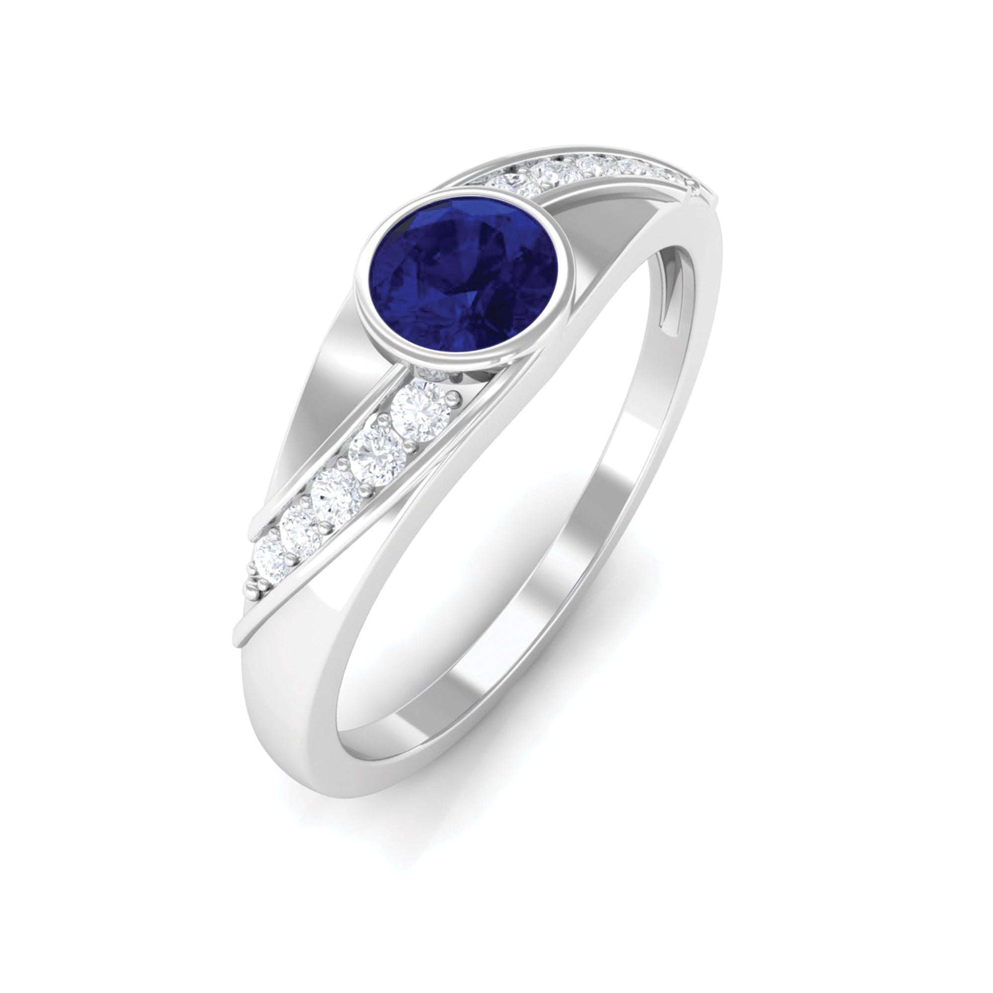 Bezel Set Blue Sapphire and Diamond Engagement Ring for Men AAA - Rosec Jewels