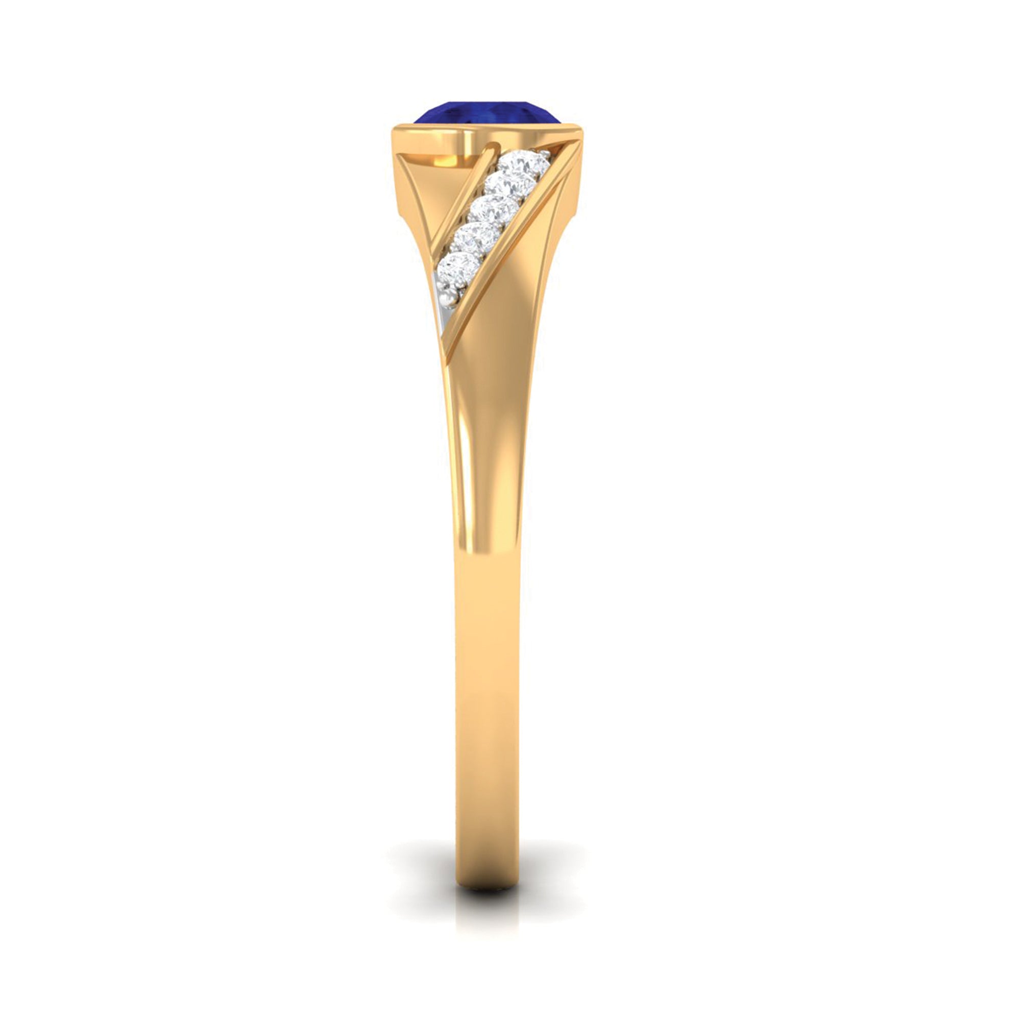 Bezel Set Blue Sapphire and Diamond Engagement Ring for Men AAA - Rosec Jewels