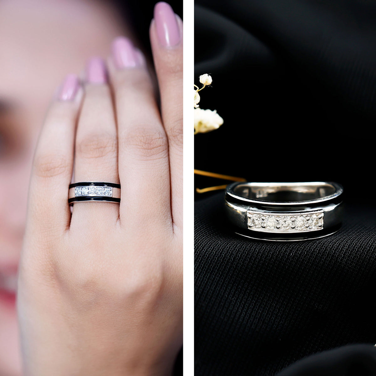 Certified Real Diamond Wedding Band with Black Enamel Natural - ( HI-SI ) - Rosec Jewels