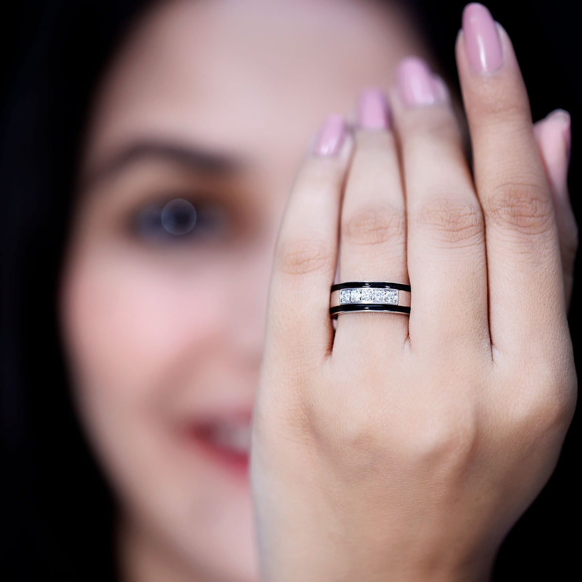 Certified Real Diamond Wedding Band with Black Enamel Natural - ( HI-SI ) - Rosec Jewels